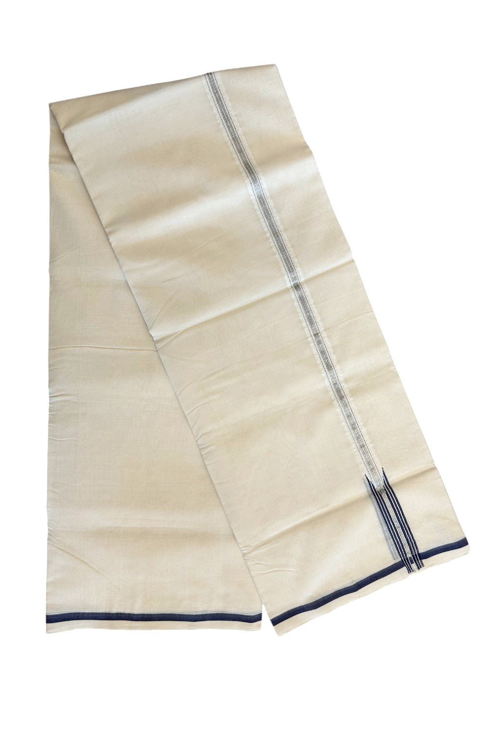 21% DISCOUNT!! KaithariKada HANDLOOM Unakkupaavu Balaramapuram - 100% PURE Cotton OFF White (Unbleached) Double Mundu/Dothi - Silver Kasavu & Navy Blue stripes puliyilakkara chutty-7KK403RAM