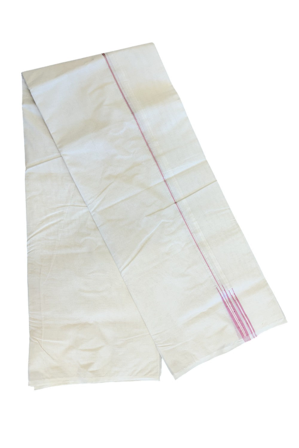 19% DISCOUNT!!  KaithariKada Balaramapuram 100% Cotton Double Off white (Unbleached) Mundu/Dhoti-100x100 0.5 inch Puliyilakkara Muthukuri Silver Kasavu & Pink Duble Chutty Kara - 5KK5074ASH