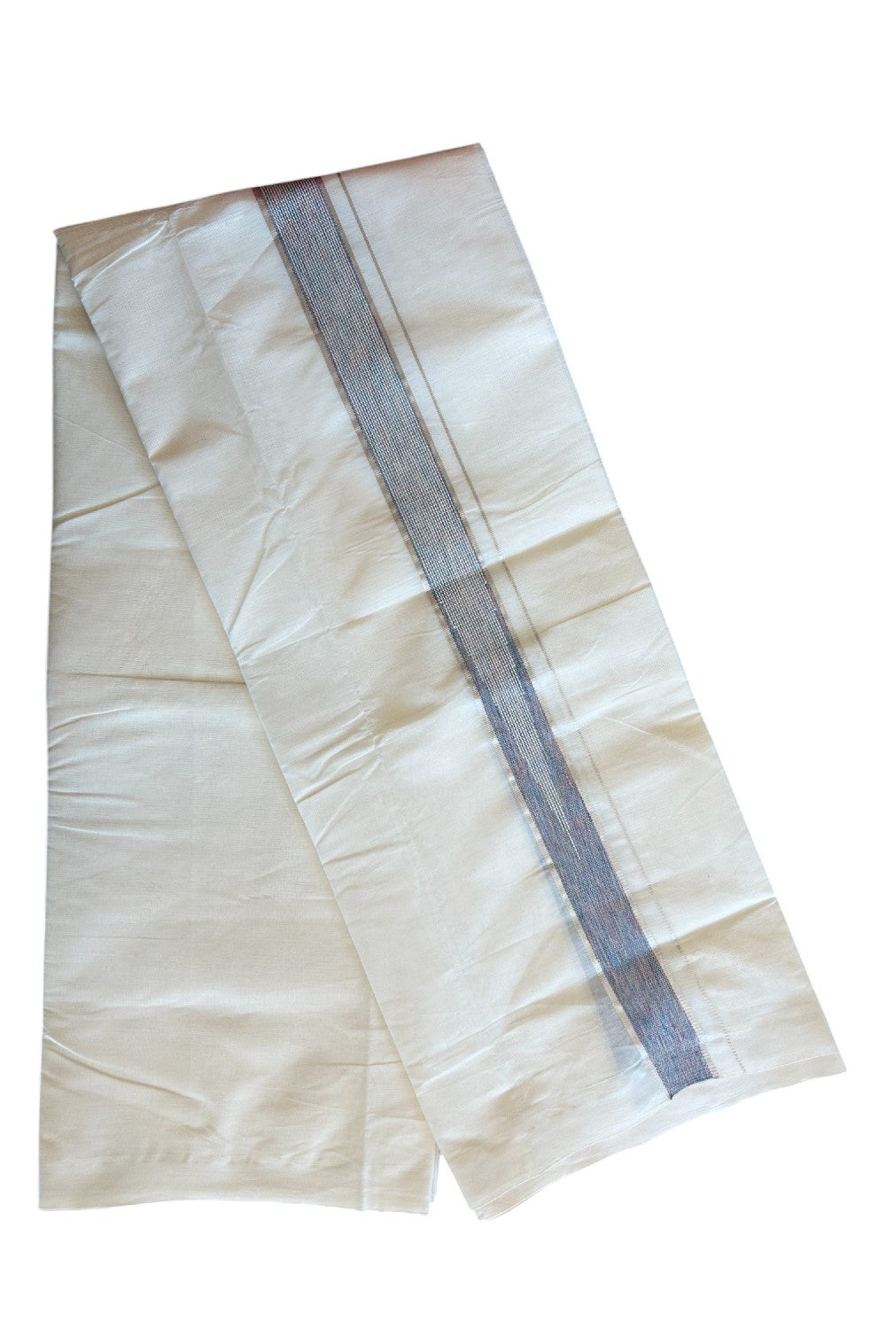 5% Discount!!! KaithariKada Balaramapuram  Double Off white - (Unbleached) Mundu/Dhoti - 80X90 - 2 inch Silver kasavu Violet Multi colour heavy chutty kara - 5KK5077KAI