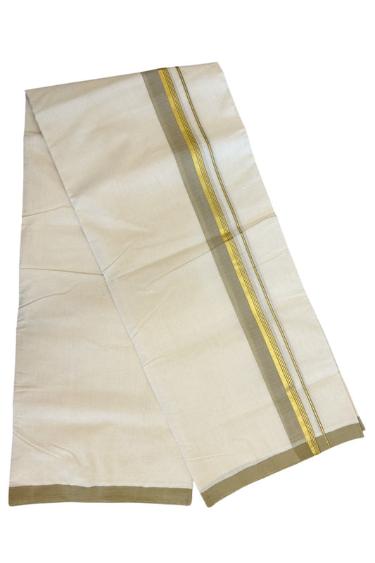 19% Discount !! KaithariKada HANDLOOM millpaav Balaramapuram - 100% PURE Cotton OFF White Double - (Unbleached)  Mundu/Dothi - 2.25  inch Kasavu stripes & Brownish Green Kara 4.5 Meters (10 Muzham) - 5KK5081RAM