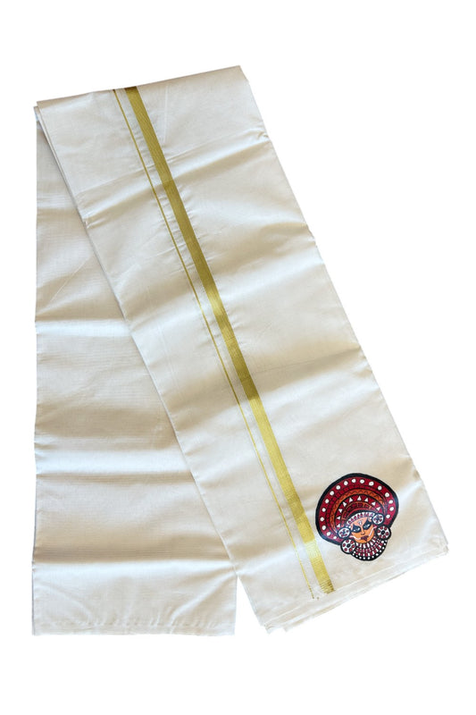 KaithariKada Balaramapuram 100% Cotton Double Off white - (Ubleached) Mundu/Dhoti-100x80 1 inch Kasavu & Hand Painted Theyyam Design Kara 3.70 meter- 5KK5083ASH