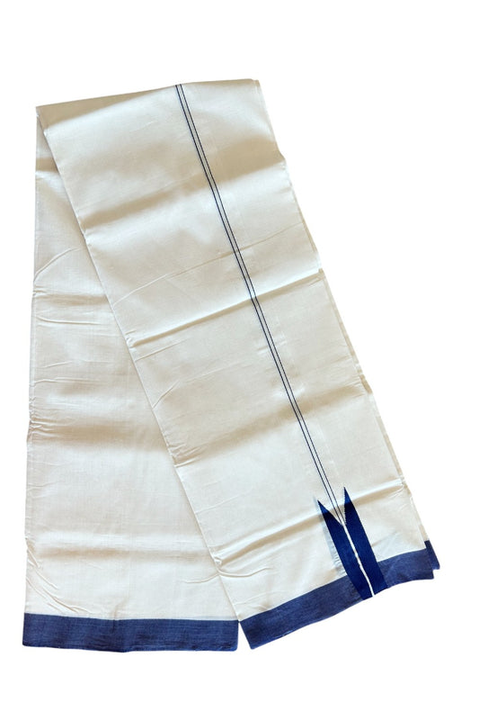 19% DISCOUNT! KaithariKada BALARAMAPURAM HANDLOOM Unakkupaav - 100% PURE Cotton 100x100 Double Mundu/Dhoti OFF WHITE (Unbleached) - 1.5 inch PULIYILAKKARA Silver Kasavu & Navy Blue Big Chutty KARA - 5KK5089YAR