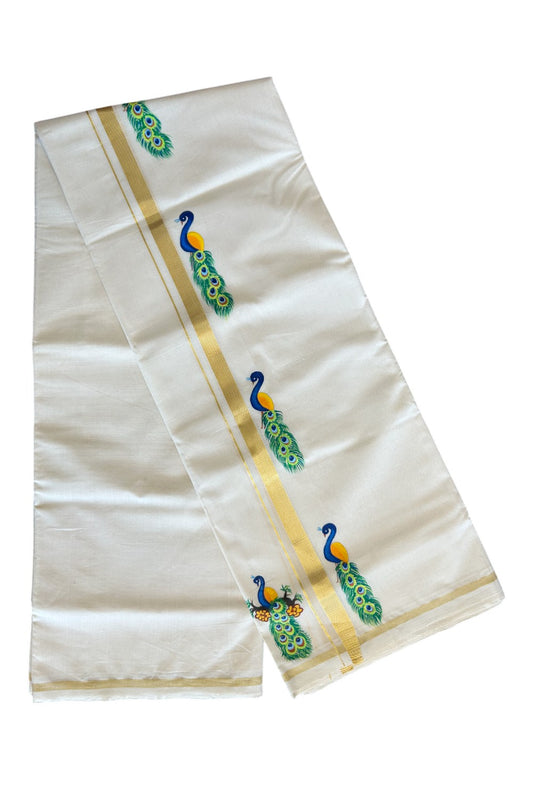 KaithariKada HANDLOOM Millpaav Balaramapuram - 100% PURE Cotton OFF White - (Unbleached) Double Mundu/Dothi - 1 Inch Kasavu kara Hand Painted Peacock Design - 5KK5091RAM