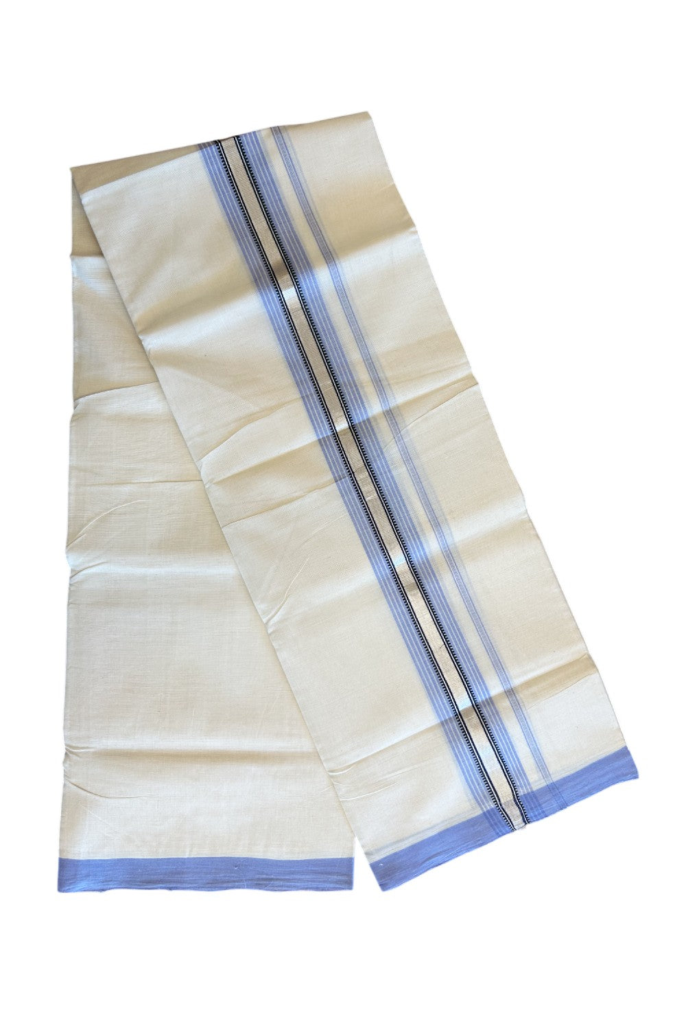 19% Disocunt! KaithariKada HANDLOOM UNAKKUPAAV Balaramapuram - 100% Cotton Double OFF White (Unbleached) - Mundu/Dhoti - 100x100 3.25 inch Lavendar & Black Silver kasavu Stripes Kara - 5KK5096YAR