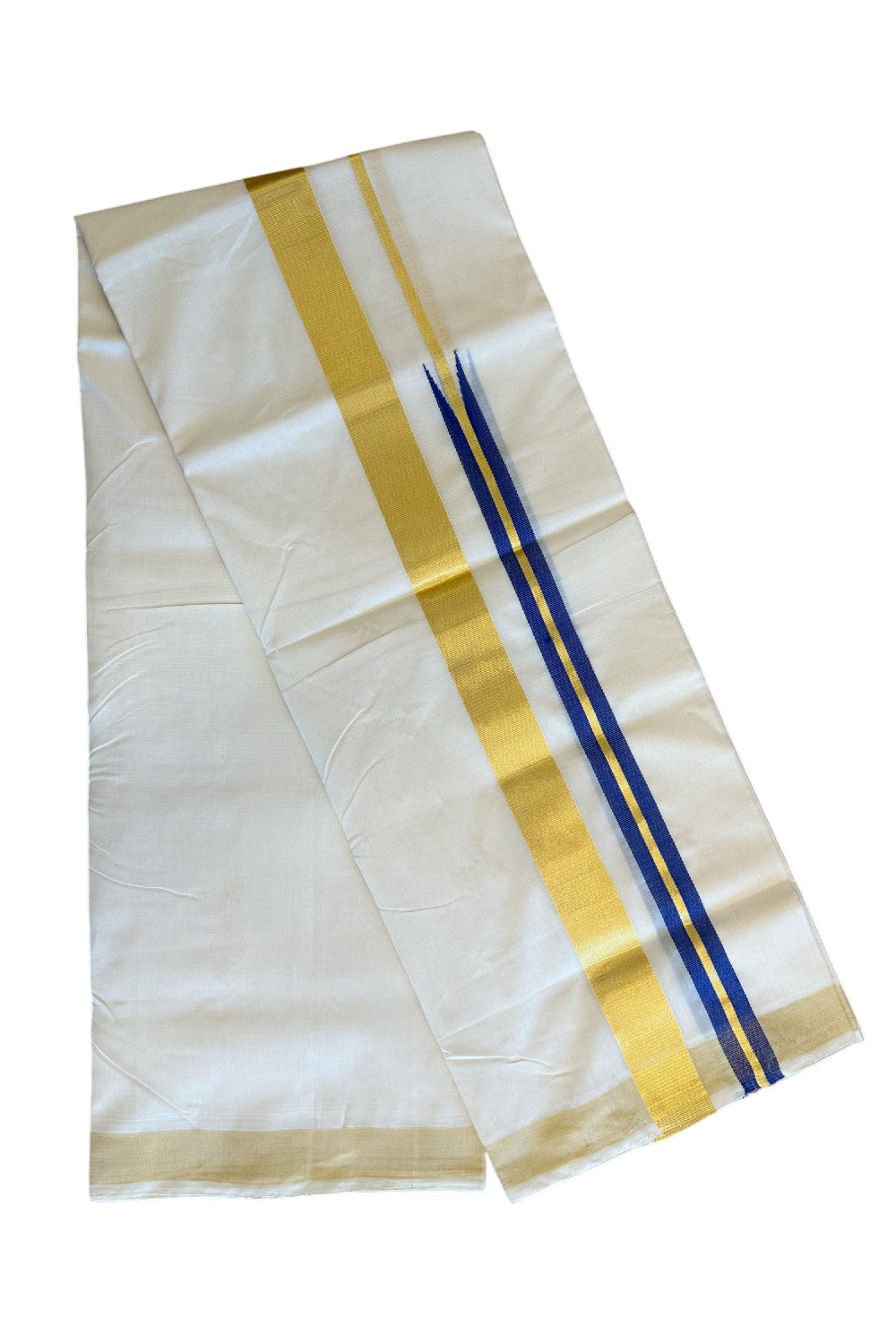 30% DISCOUNT ! KaithariKada HANDLOOM Unakkupaav Balaramapuram - 100% PURE Cotton Off White - (Unbleached) Double Mundu/Dhoti - 100x100 1.5 Inch Kasavu Navy blue long Chutty - 5KK5097ABH