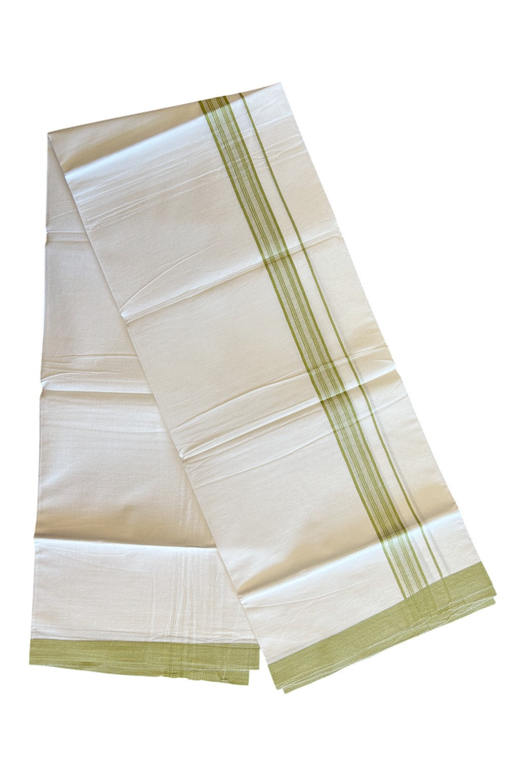 8% Discount ! Kaitharikada Balaramapuram 100% Cotton PURE WHITE SINGLE Mundu/Dothi- 1.75 inch Light Green Striped Kara (2 meter / 4 muzham) - 5KK5018GAN