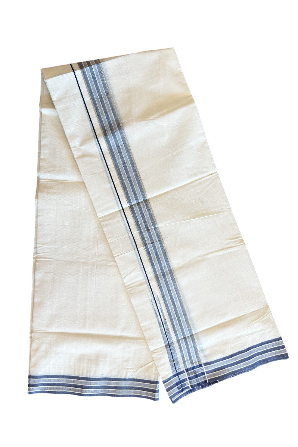 19% DISCOUNT! KaithariKada Balaramapuram 100% Cotton  Off white (Unbleached) Double Mundu/Dhoti-100x100 1.75 inch Puliyilakkara Blue & Silver Kasavu Chutty kara - 5KK5110THI