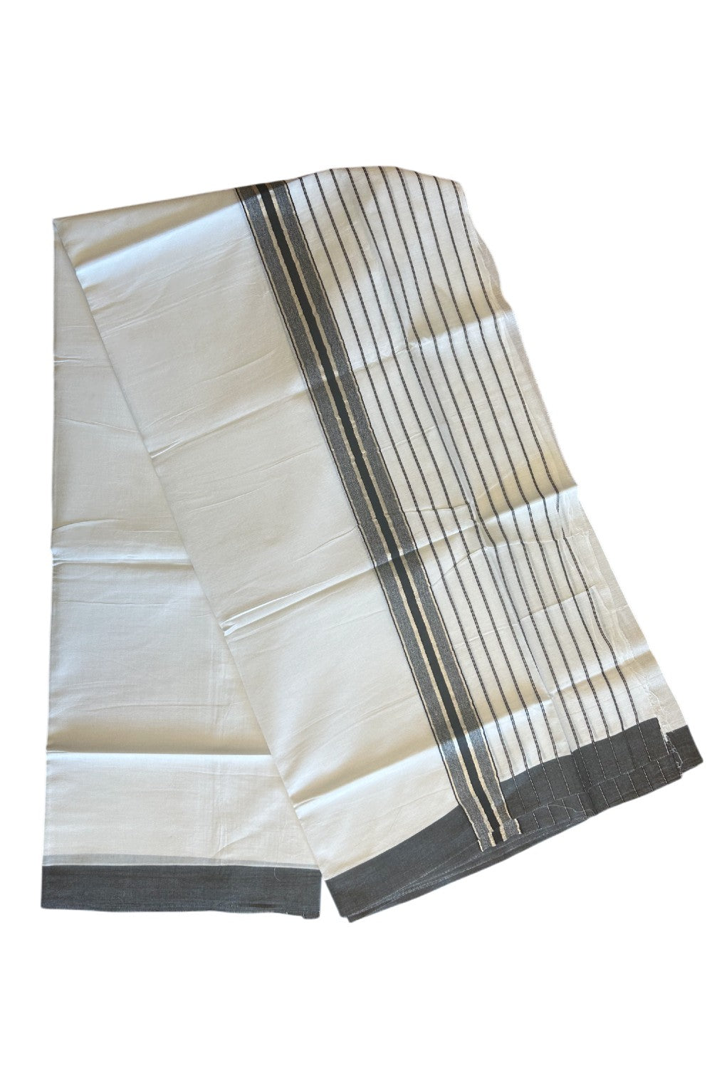 20% Discount !! KaithariKada Balaramapuram Double PURE WHITE Mundu/Dhoti- 100x80 - 7 inch Black & Silver Striped kara - 3.90 mtr - 5KK5112PMC