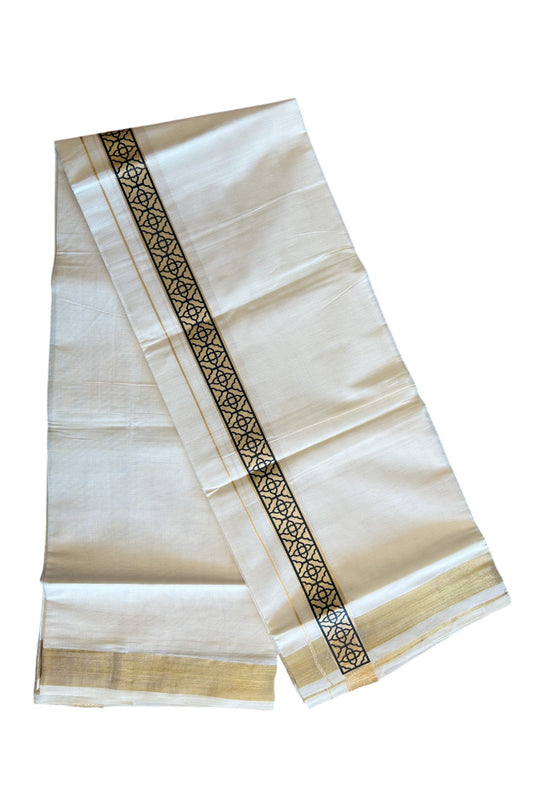 20% DISCOUNT ! KaithariKada Balaramapuram Mixed Cotton OFF White (Unbleached) Double Mundu/Dhoti - 80x80 Thread Mixed Cotton - 2 inch Gold kasavu & Black designer kara - 5KK5113PMC