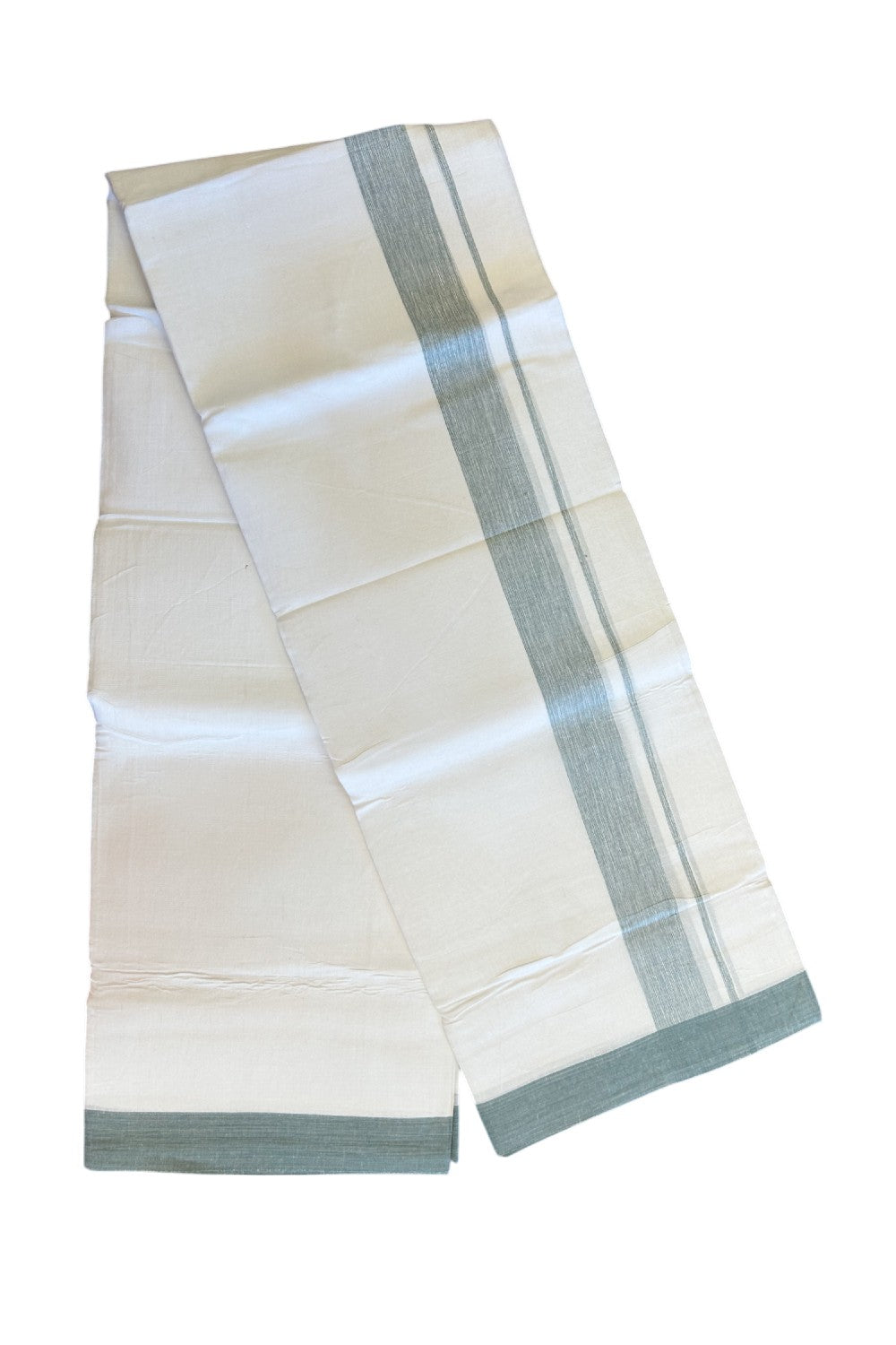 Linen Dhoti NEW! 20% Discount from Kaitharikada.com - Double Mundu/Dhoti 80x90 Thread PURE WHITE - Pure Cotton + Linen -2.25 Inch Ash Green Shaded Kara- 23KK5115THI