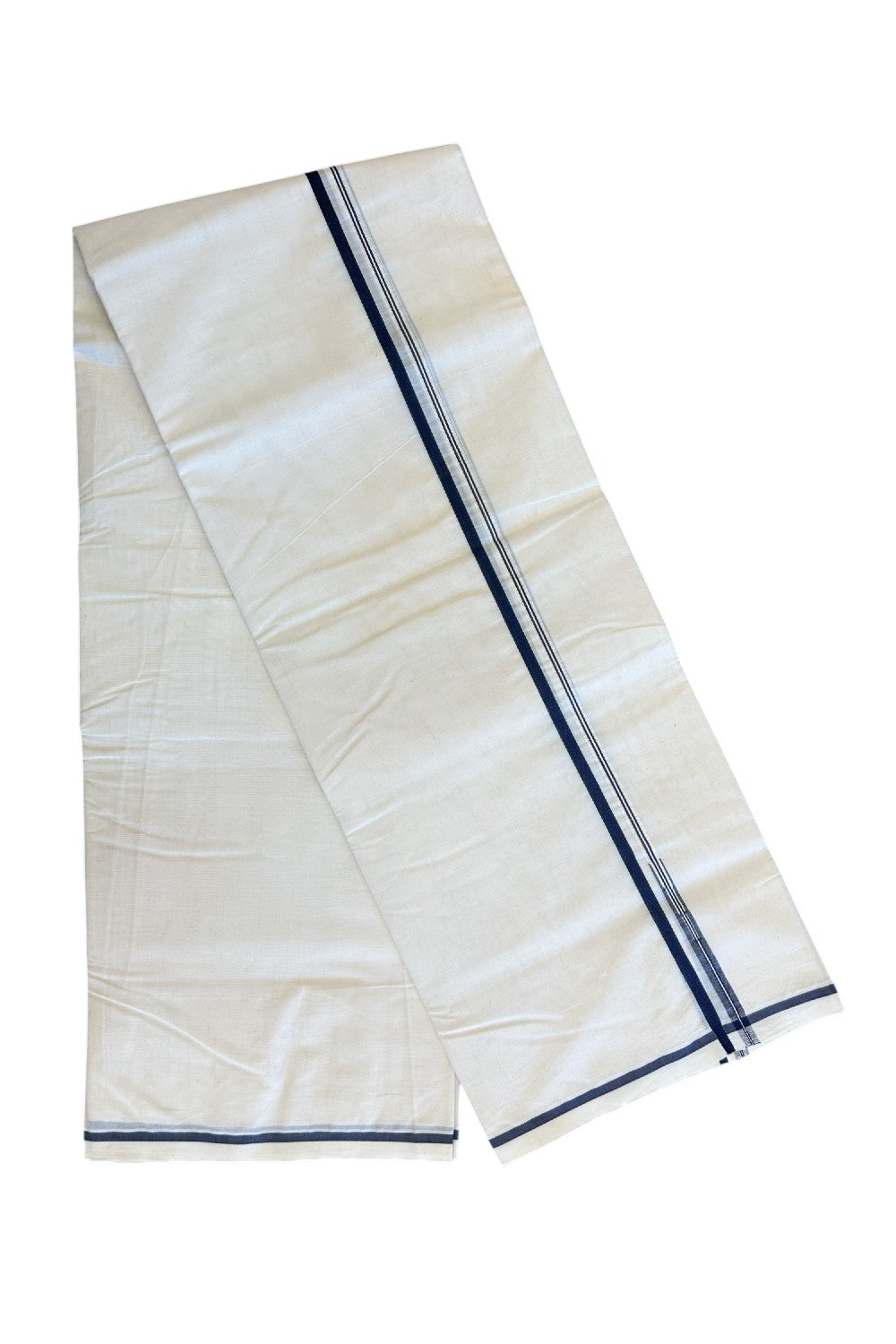 19% DISCOUNT!! KaithariKada Balaramapuram 100% Cotton off white (Unbleached) Double Mundu/Dhoti-100x100  1.cm Navy Blue Puliyilakkara Chutty - 5KK5130ASH