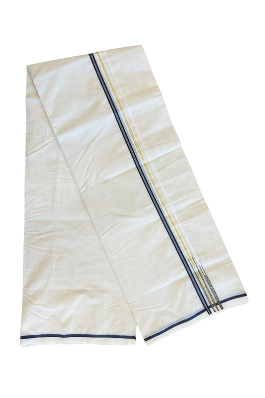 19% DISCOUNT! KaithariKada Balaramapuram 100% Cotton Double Off white - (Unbleached) - Mundu/Dhoti-100x100 1 cm  Chutty Puliyilakkara Navy Blue Striped & Kasavu Kara Double Chutty- 5KK5133ASH