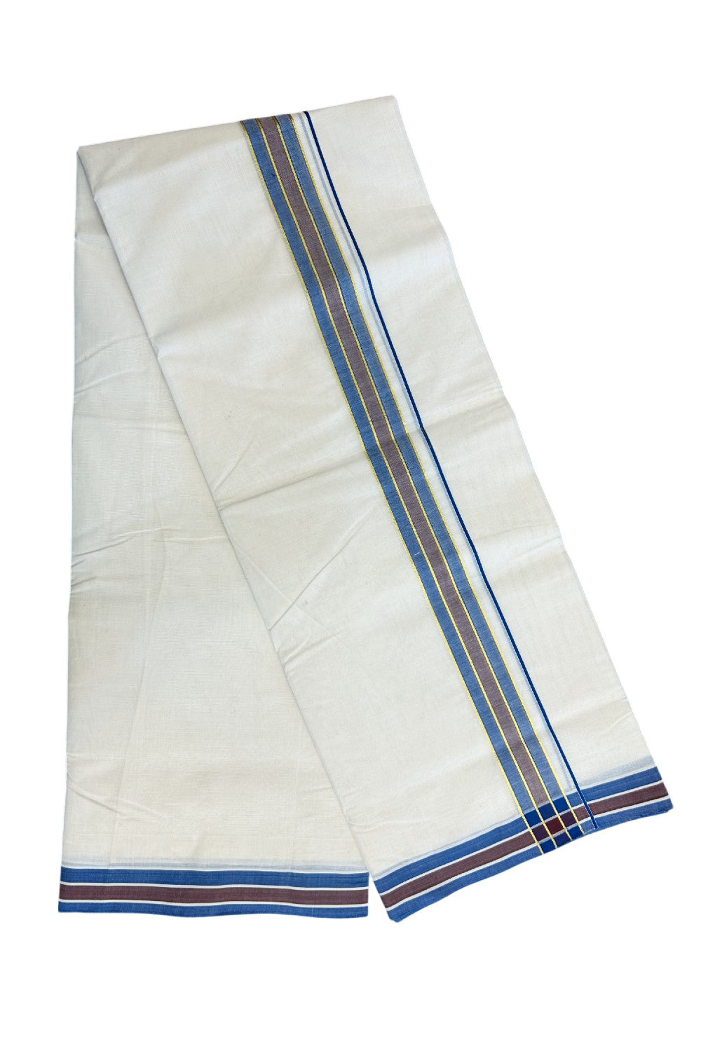 14% Discount !! KaithariKada Balaramapuram 100% Cotton Double Off white - (Unbleached) - Mundu/Dhoti-100X100 - 1.5inch Gold Kasavu & Blue Brown Kara.- 5KK5140ASH