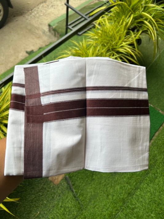 21% DISCOUNT! KaithariKada Balaramapuram 100% Cotton Double PURE white Mundu/Dhoti-100x80 - 1.5 Inch Brown Design Kara - 5KK5143PMC