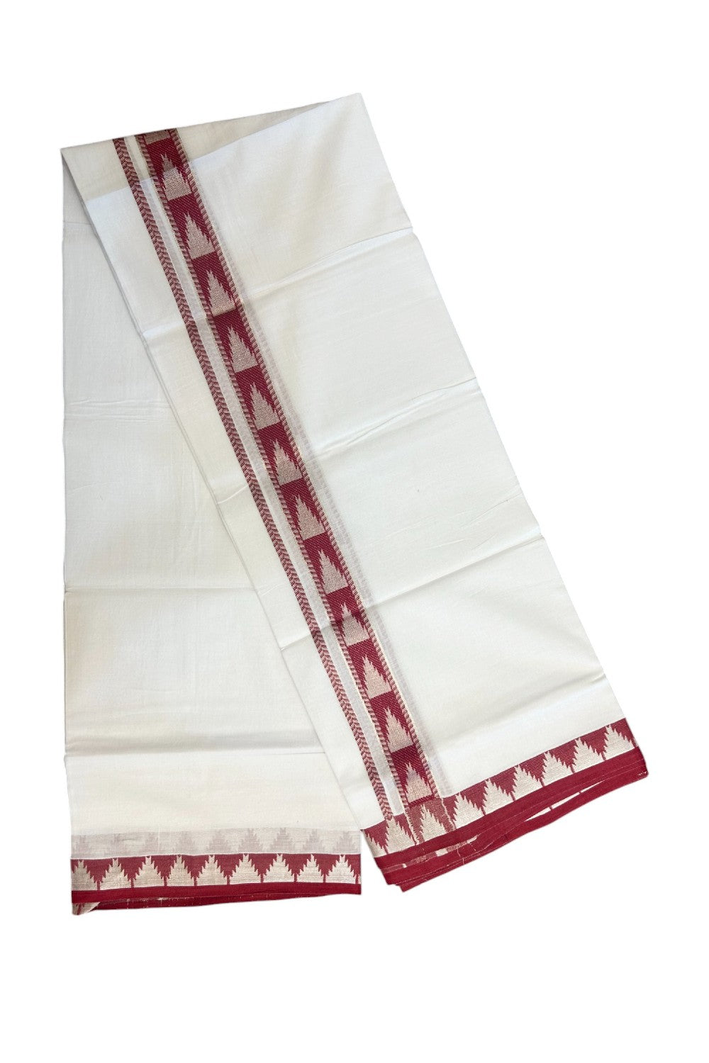 20% DISCOUNT! KaithariKada Balaramapuram 100% Cotton Double PURE white Mundu/Dhoti - 100x80 - 1.25 Inch Magenta Red & Silver kasavu Temple Design Kara - 5KK5147PMC