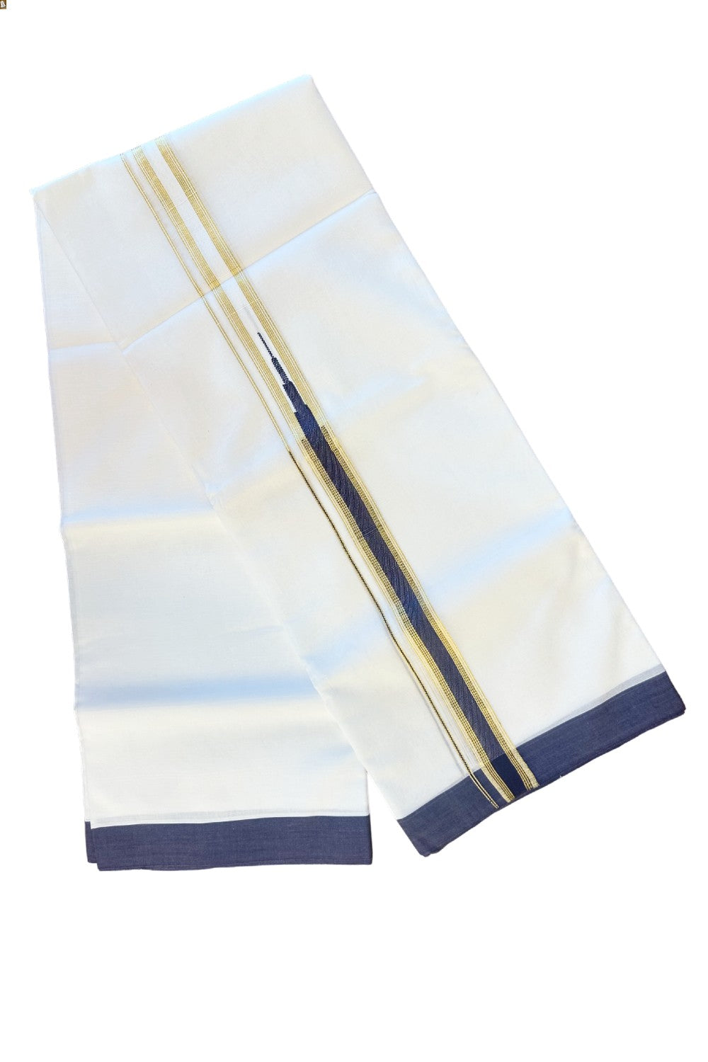 15% DISCOUNT! KaithariKada Balaramapuram 100% Cotton  PURE white Double Mundu/Dhoti-100x100  2 Inch Chutty Heavy Designer navy Blue &  Kasavu Kara-5KK62ASH