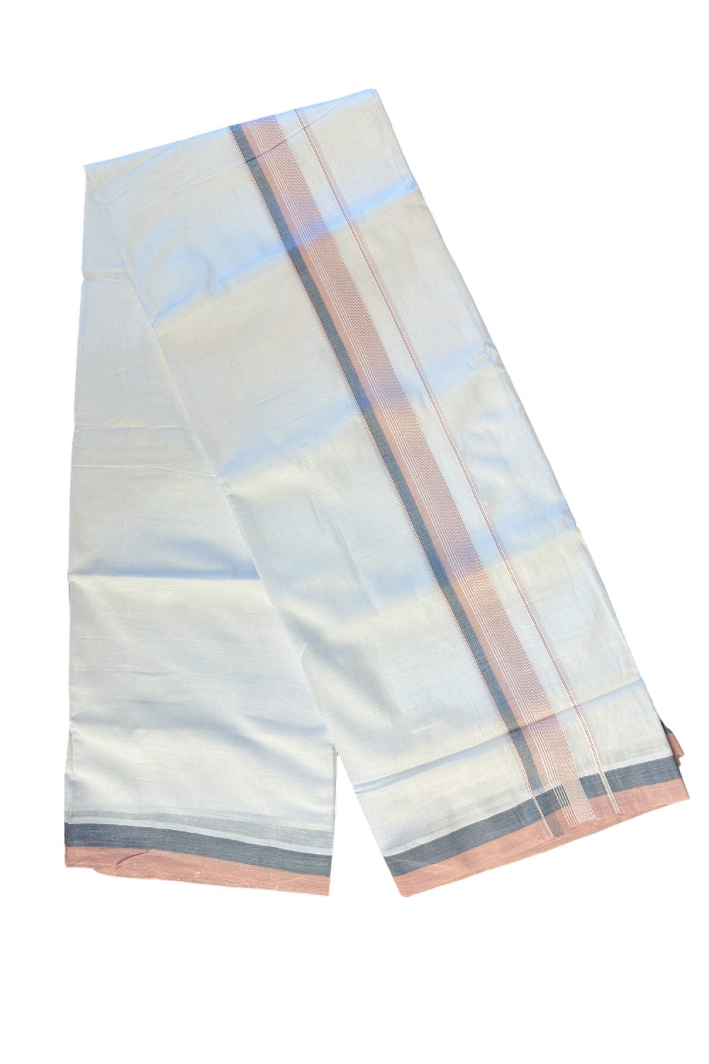 21% DISCOUNT!! Kaitharikada Balaramapuram 100% Cotton Ultra WHITE Double Mundu/Dothi-100x80  2.5 Inch LIGHT PEACH,BLUE & WHITE STRIPED Cotton Kara - 5KK63VIN.