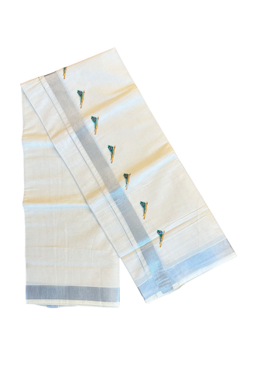 18% Discount !! KaithariKada Balaramapuram 100% Cotton Double Off white Mundu/Dhoti-80x72-  Hand Painted Silver Kasavu Peacock feather flute Design - 5KK78PMC