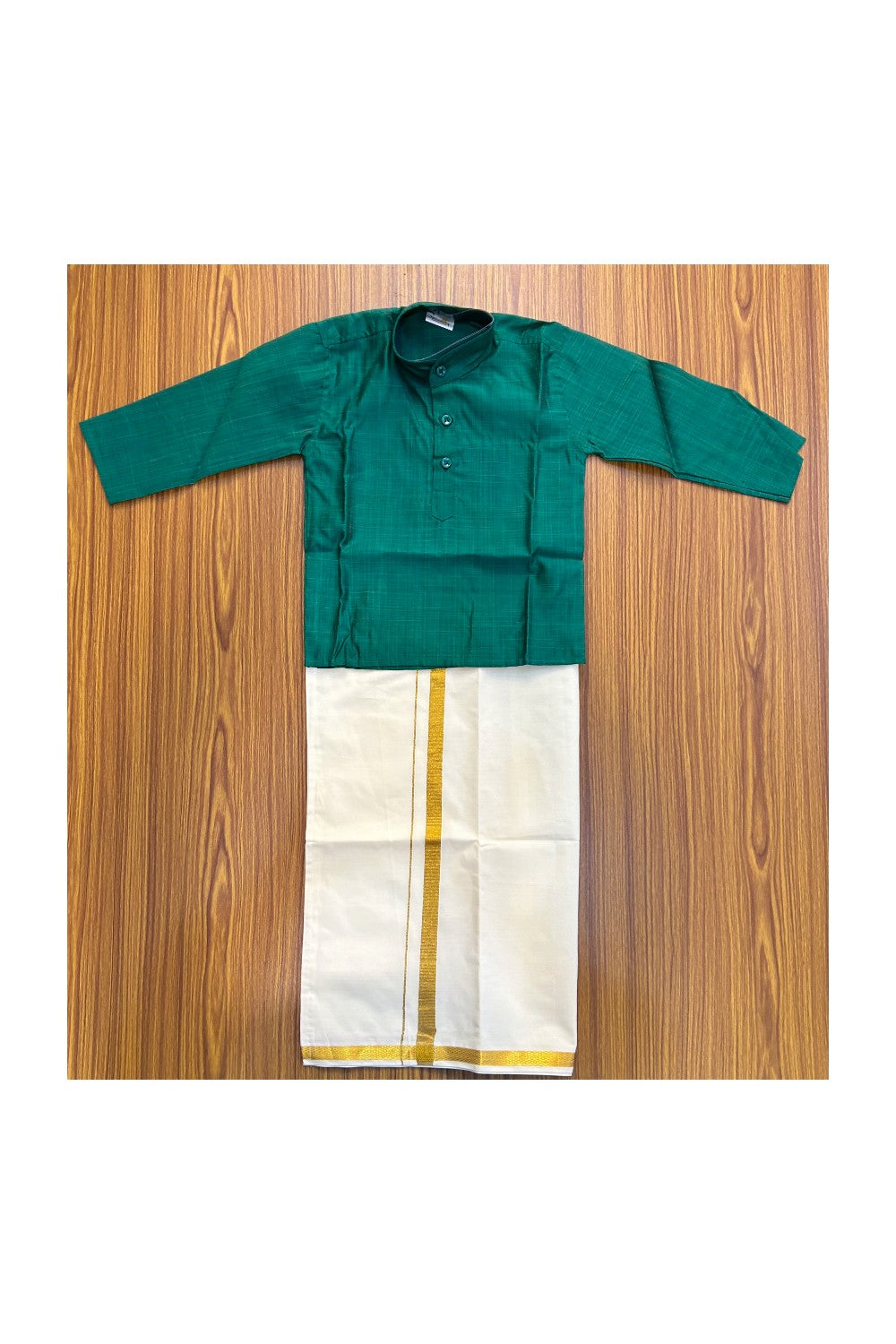 10% DISCOUNT !!! Yuvraj-Traditional South Indian Kids Cotton Kurta & Dhoti- Green Kurta Off white Kasavu Dhoti Age 1- 5KK91YUV1.