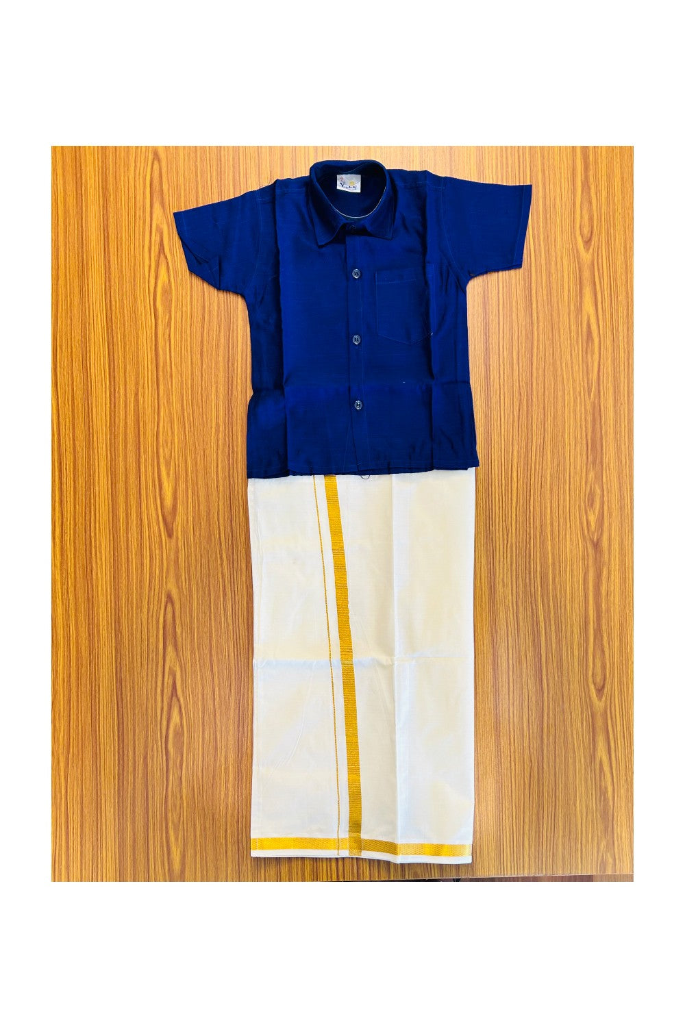 10% DISCOUNT !!! Yuvraj-Traditional South Indian Kids Shirt & Dhoti- Dark blue Shirt Off white Kasavu Dhoti Age 2 - 5KK93YUV2.