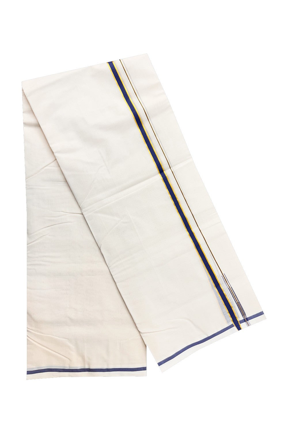 15% DISCOUNT! KaithariKada BALARAMAPURAM HANDLOOM Millpaav- 100% PURE Cotton 100x100 Double Mundu/Dhoti OFF WHITE (Unbleached) - PULIYILAKKARA Navy Blue & Kasavu 0.5 inch KARA-5RAM