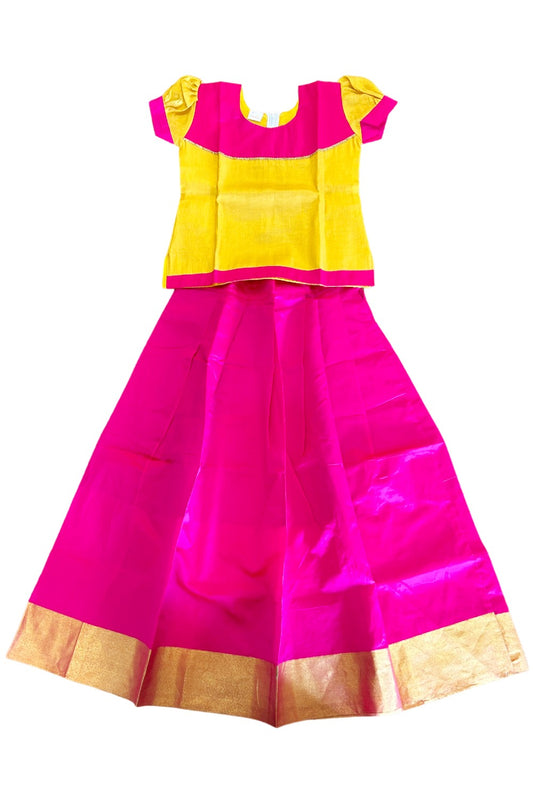 Midukki-Traditional South Indian Kids Pattu Pavada- Yellow tissue top pink skirt - Age 11 - KK11MID005