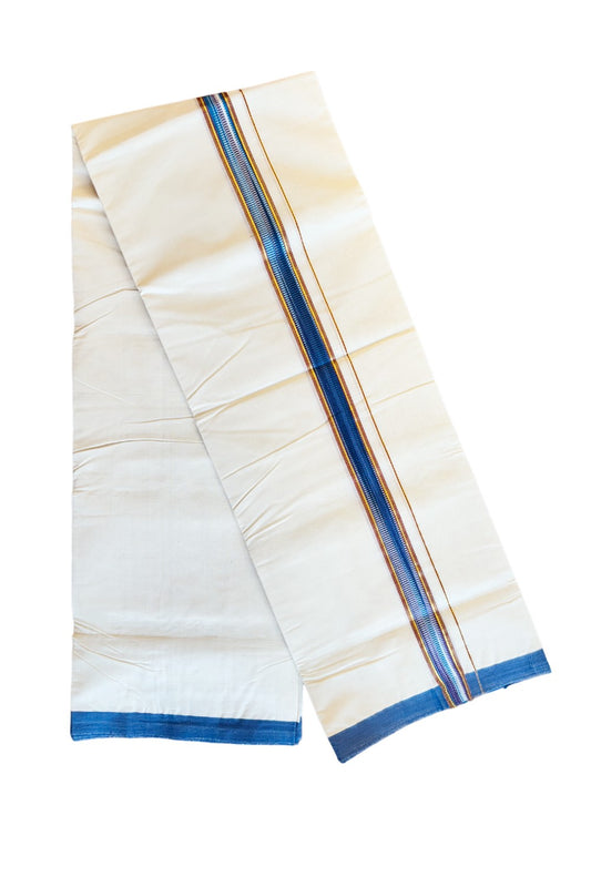 15% DISCOUNT!! KaithariKada HANDLOOM Unakkupaavu Balaramapuram -100% PURE Cotton OFF White (Unbleached) Double Mundu/Dothi -BLUE +VIOLET+RED   Kasavu Striped 1 inch Kara-KK46SOM-5.