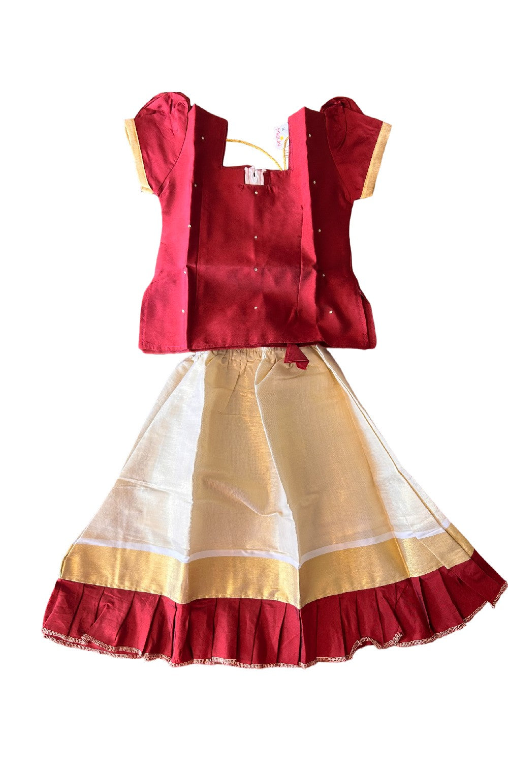 Midukki-Traditional South Indian Kids Pattu Pavada- Maroon top tissue skirt with frill bottom- Age 3 - KK3MID005