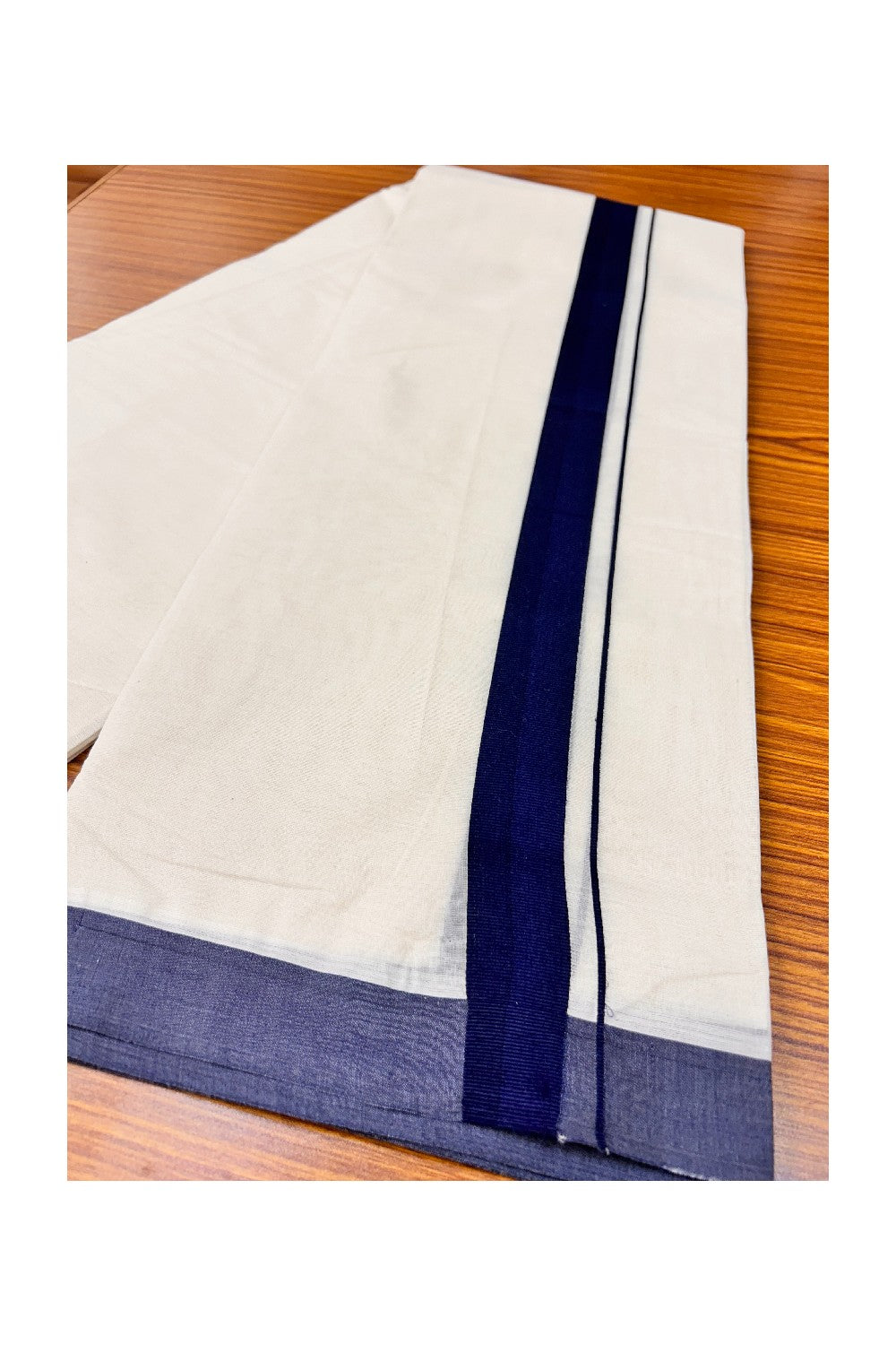 37% Discount! KaithariKada Balaramapuram 100% Cotton Double Off white - (Unbleached) Mundu/Dhoti-100X100-  NAVY BLUE 1.75 inch  Kara.- 5