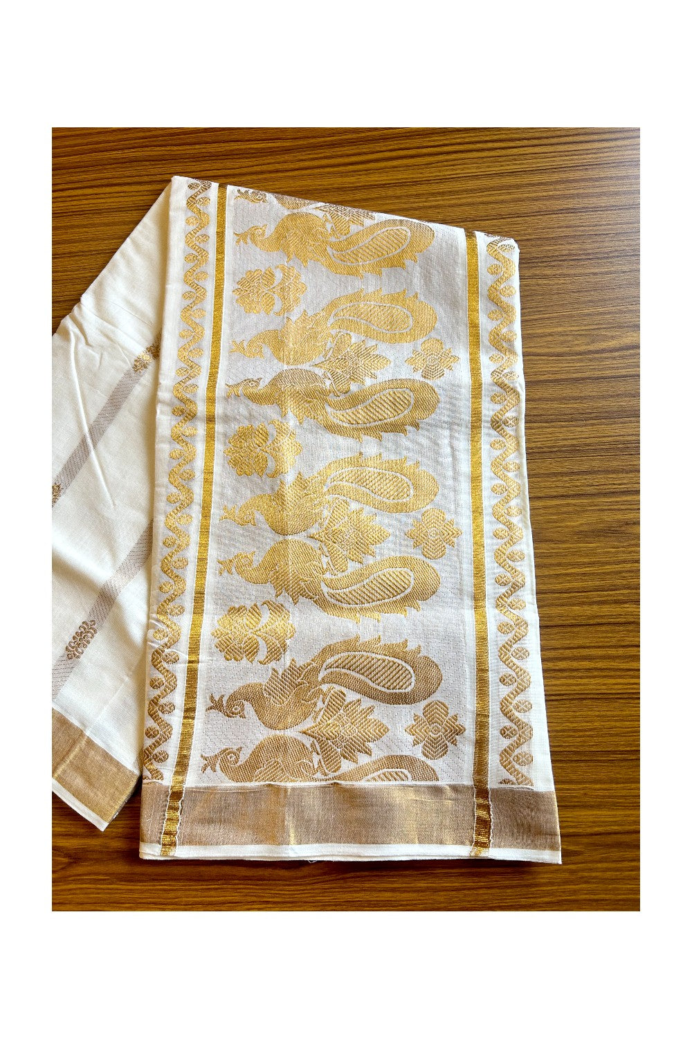 Kaitharikada Kerala Cotton Saree Off white - 30.25 inch Kasav Zari with Peacock Pattern Putta Design- 5KK1002JEE