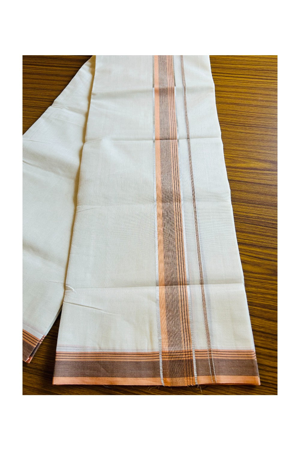 18% DISCOUNT!!! KaithariKada Balaramapuram 100%  Cotton off white Double  Mundu/Dhoti - 100X100  Orange Black& Silver stripes kara - 5KK401VIN