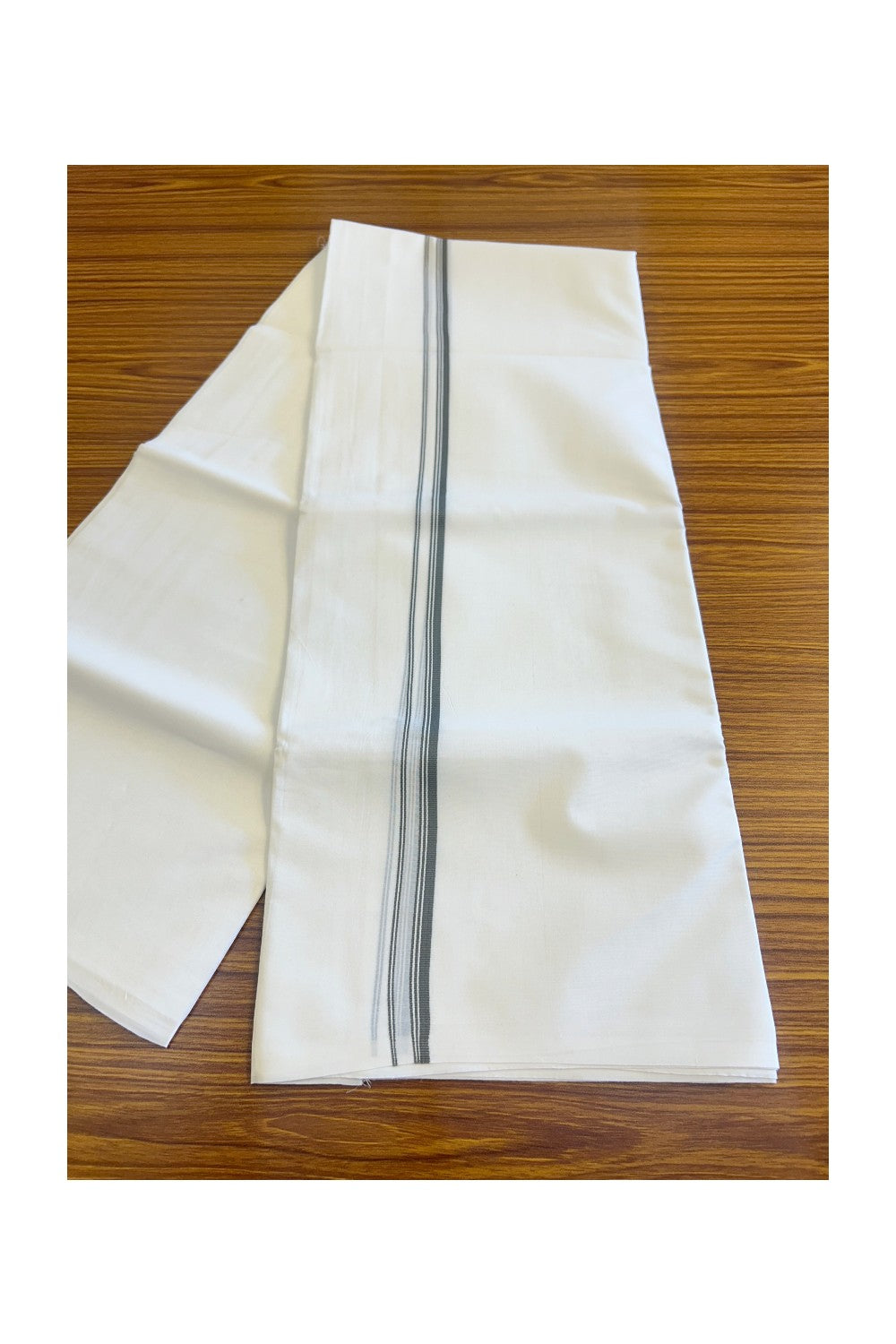 26% DISCOUNT ! KaithariKada Balaramapuram 100% Cotton Double Pure white Mundu/Dhoti-100X100 - Ash Gray & Stripes 2cm Kara.- 5KK406ASH