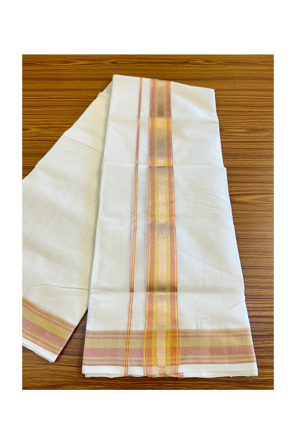 18% DISCOUNT!! KaithariKada HANDLOOM Millpaav Balaramapuram - 100% PURE Cotton OFF White Double Mundu/Dothi - 3 inch Copper & kasavu kara - 5KK410RAM