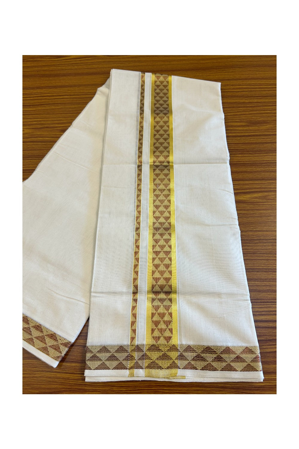 15% Discount!!! KaithariKada HANDLOOM UNAKKUPAAV Balaramapuram - 100% PURE Cotton off white Double Mundu/Dhoti - 3 inch Kasavu & Maroon triangle pattern kara - 5KK415SOM