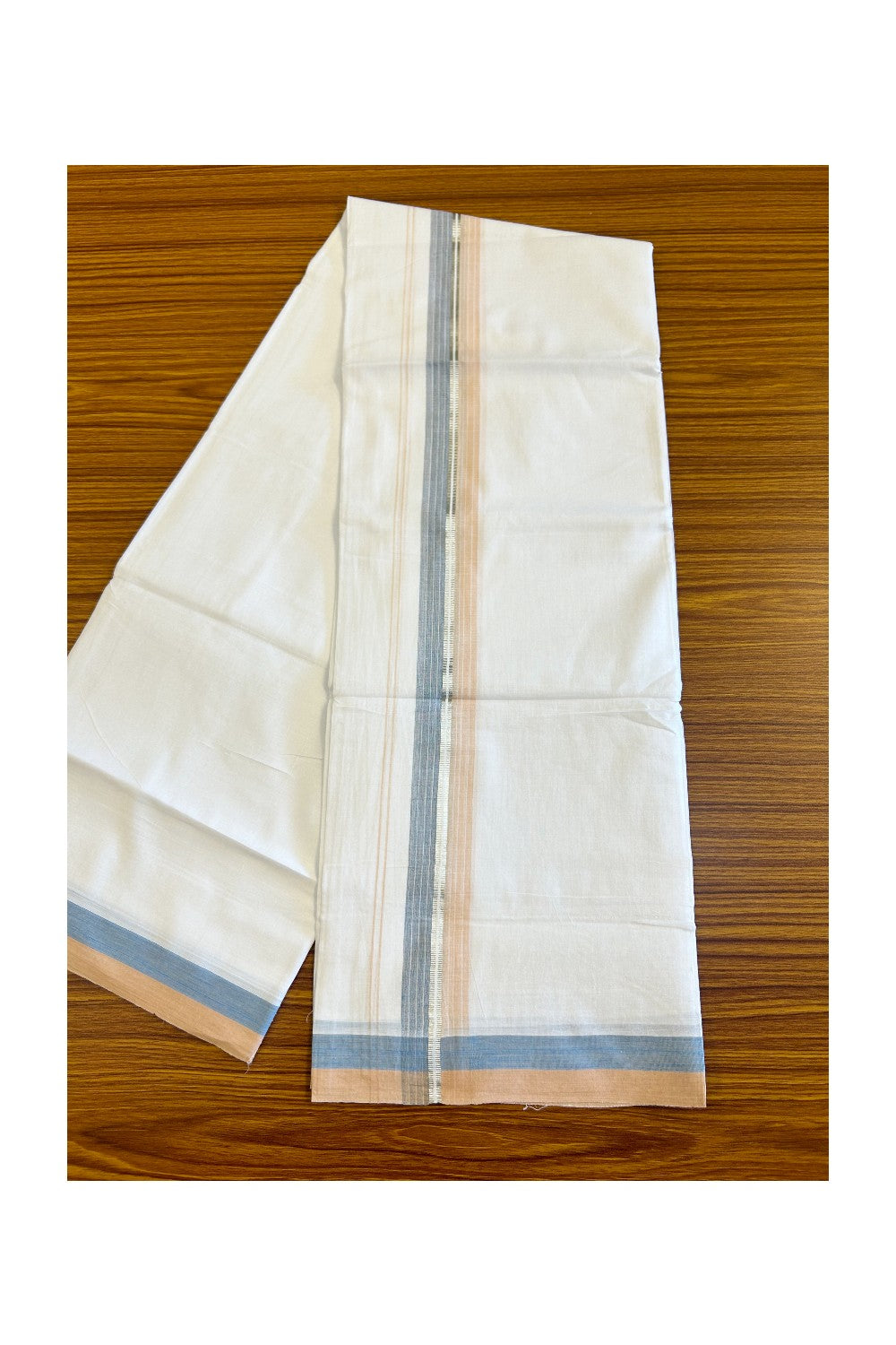 28% DISCOUNT!!! KaithariKada Balaramapuram 100% Cotton PURE white Double Mundu/Dhoti-100x90   2.25 Inch Silver kasavu Sand Brown & Blue shaded stripes kara  - 5KK448VIN