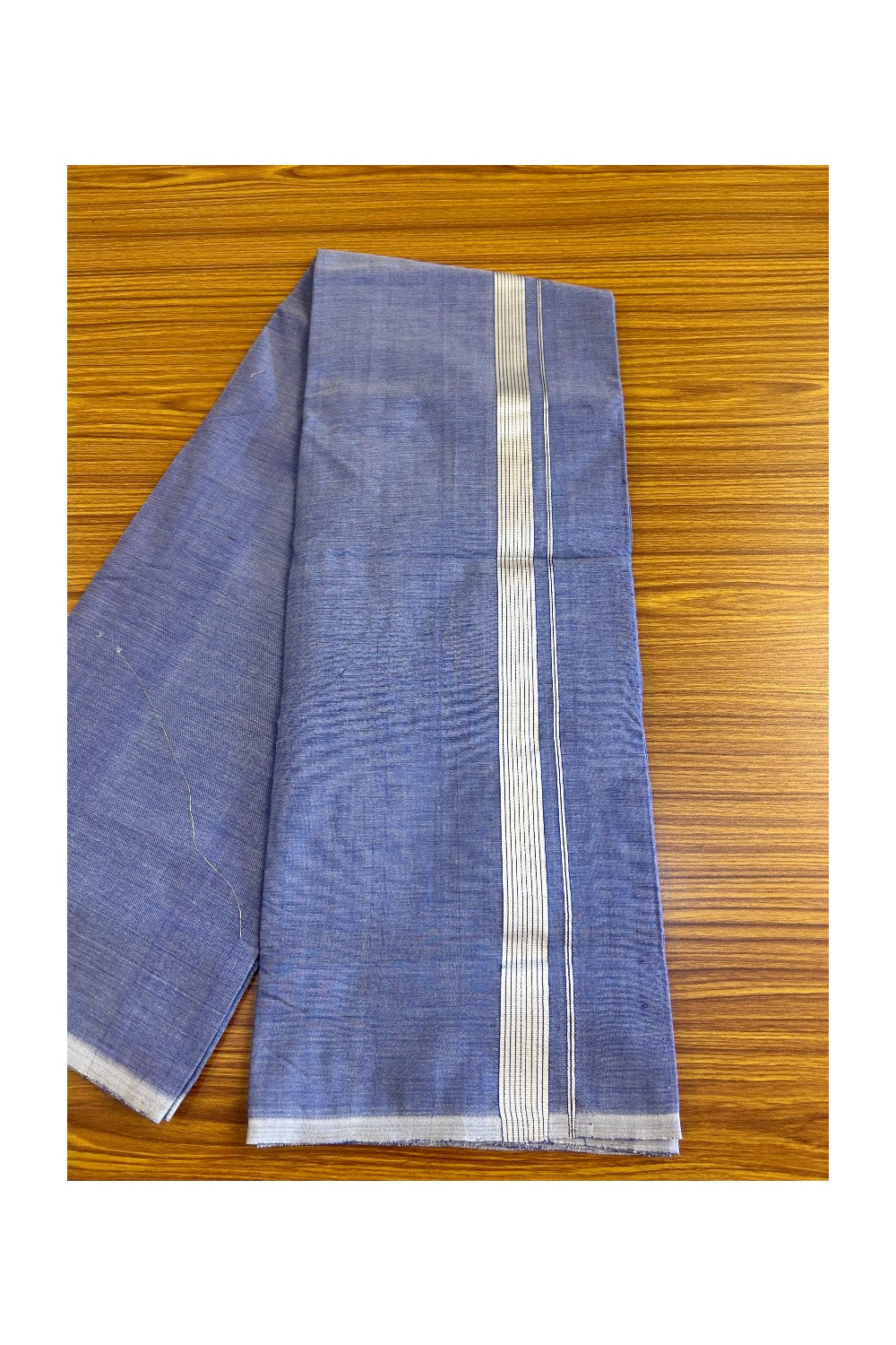 15% Discount! KaithariKada Handloom 100% Cotton Double Mundu/Dhoti - Blue Colour Body & Silver Striped 1.5inch Kara 3.80 mtr - 5KK452SOM