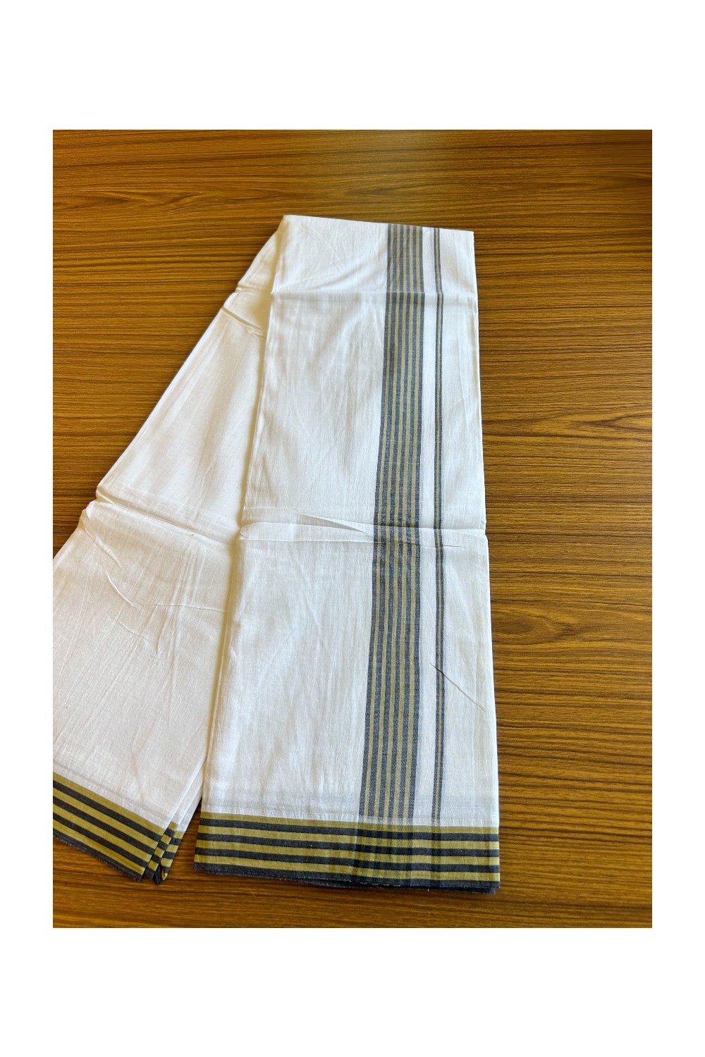 29% DISCOUNT! KaithariKada Balaramapuram 100% Cotton Ultra WHITE Double Mundu/Dhoti-100x100 2.25 inch  Olive green & Black Stripes Cotton kara 3.70m- 5KK493RAM