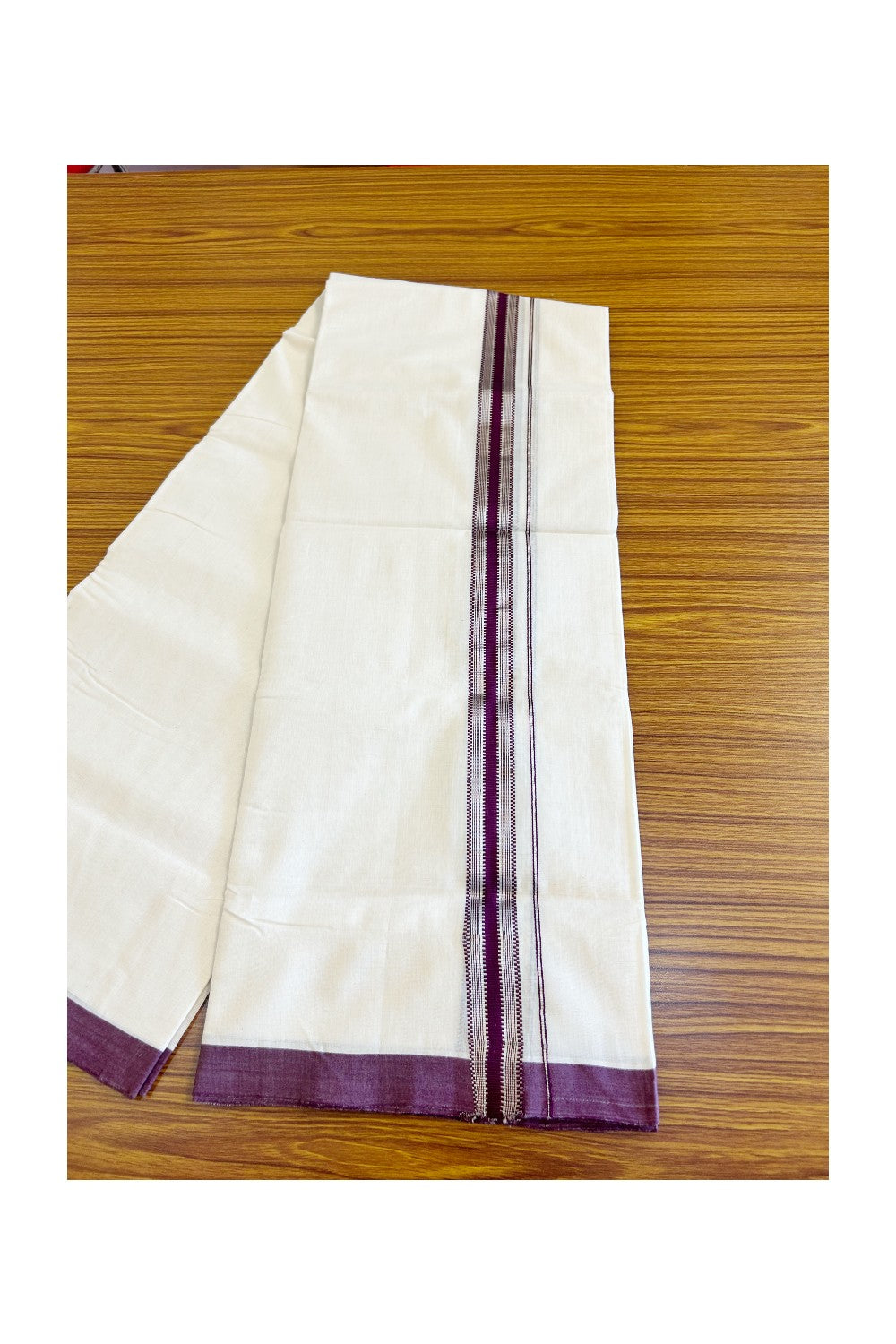 21% DISCOUNT! KaithariKada BALARAMAPURAM HANDLOOM UNAKKUPAAV - 100% PURE Cotton OFF WHITE - (Unbleached) Double Mundu/Dhoti - 1.5inch Purple & Silver Kara - 5KK498KK