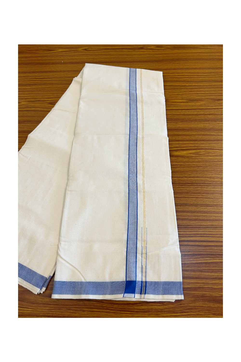 32% Discount KaithariKada 100% Cotton Balaramapuram HANDLOOM Single Mundu/Dhoti - Off White - (Unbleached) Puliyilakara chutty Kasavu & 0.5 inch Blue Kara - 5KK499KK.