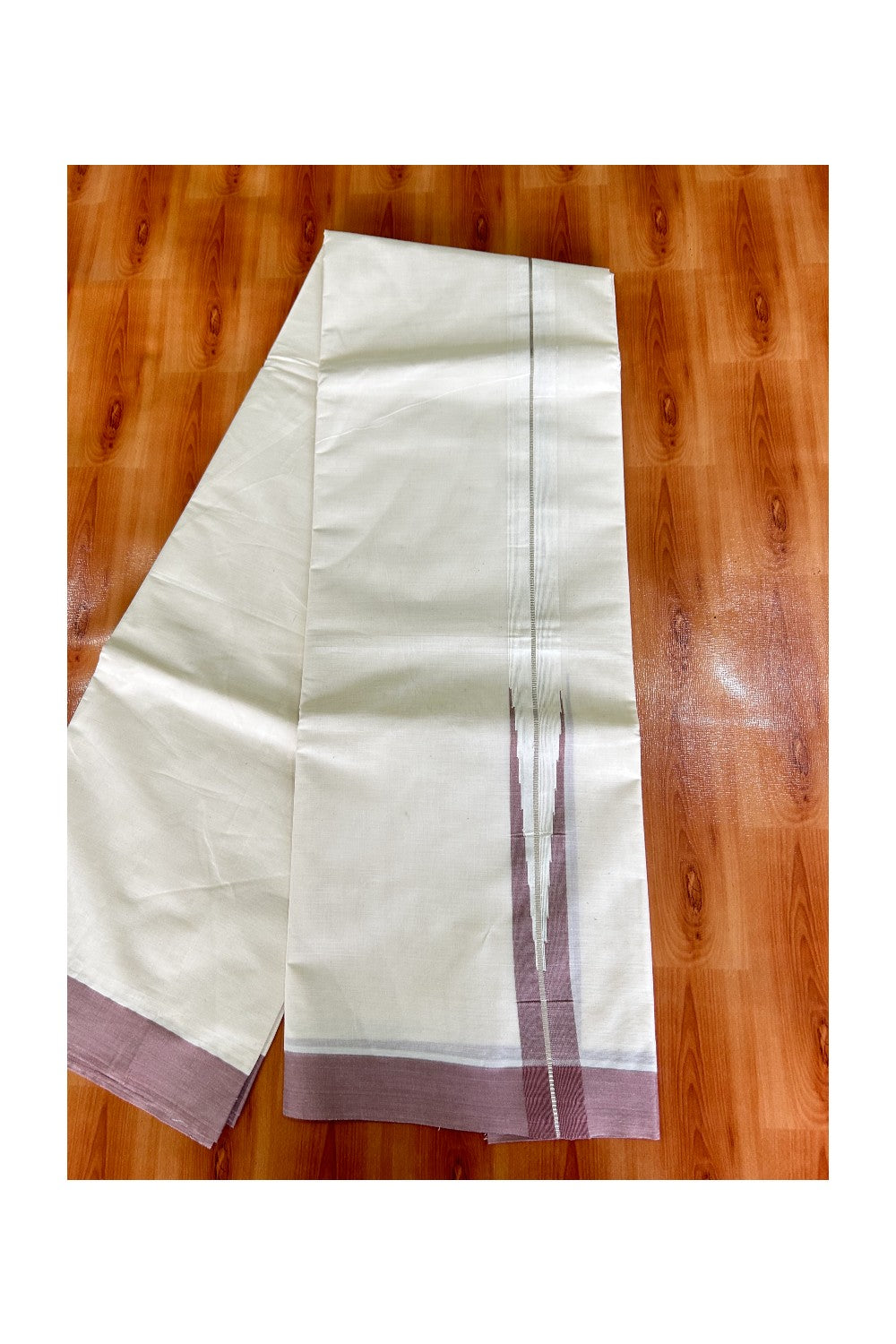 21% Discount KaithariKada Balaramapuram 100% Cotton off white - (Unbleached) Double Mundu/Dhoti - Puliyilakkara Pastel Brown & Silver Big Chutty kara - 5KK5003PMC