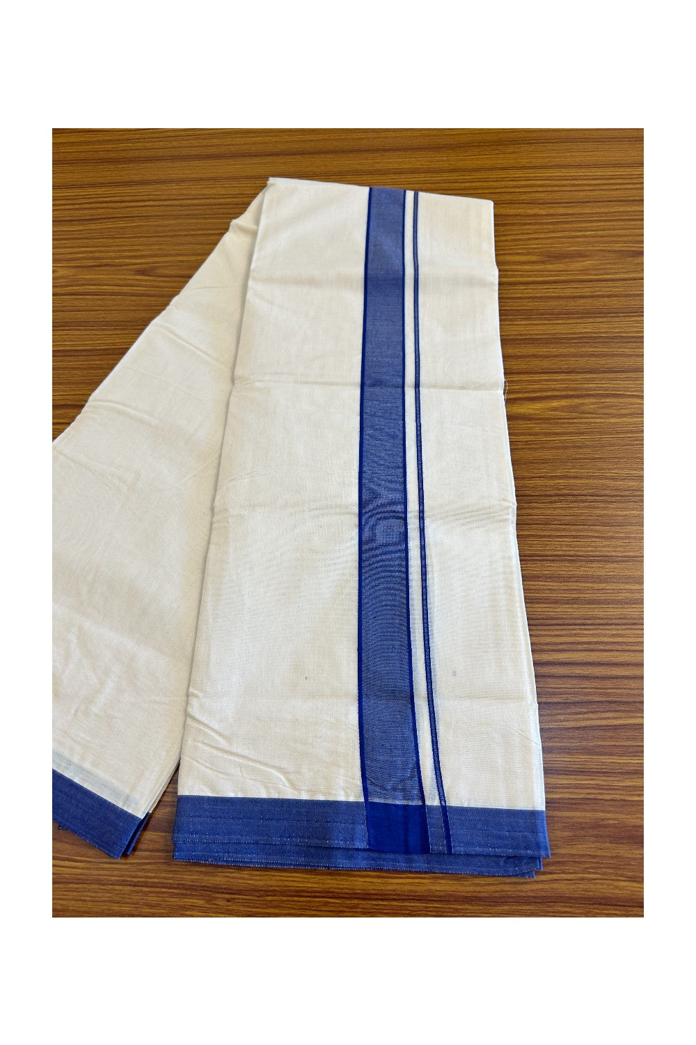 10% Discount KaithariKada Balaramapuram 100% Cotton Double Off white Mundu/Dhoti-100x80 - 2 inch Deep Blue Kara- 5KK500KK