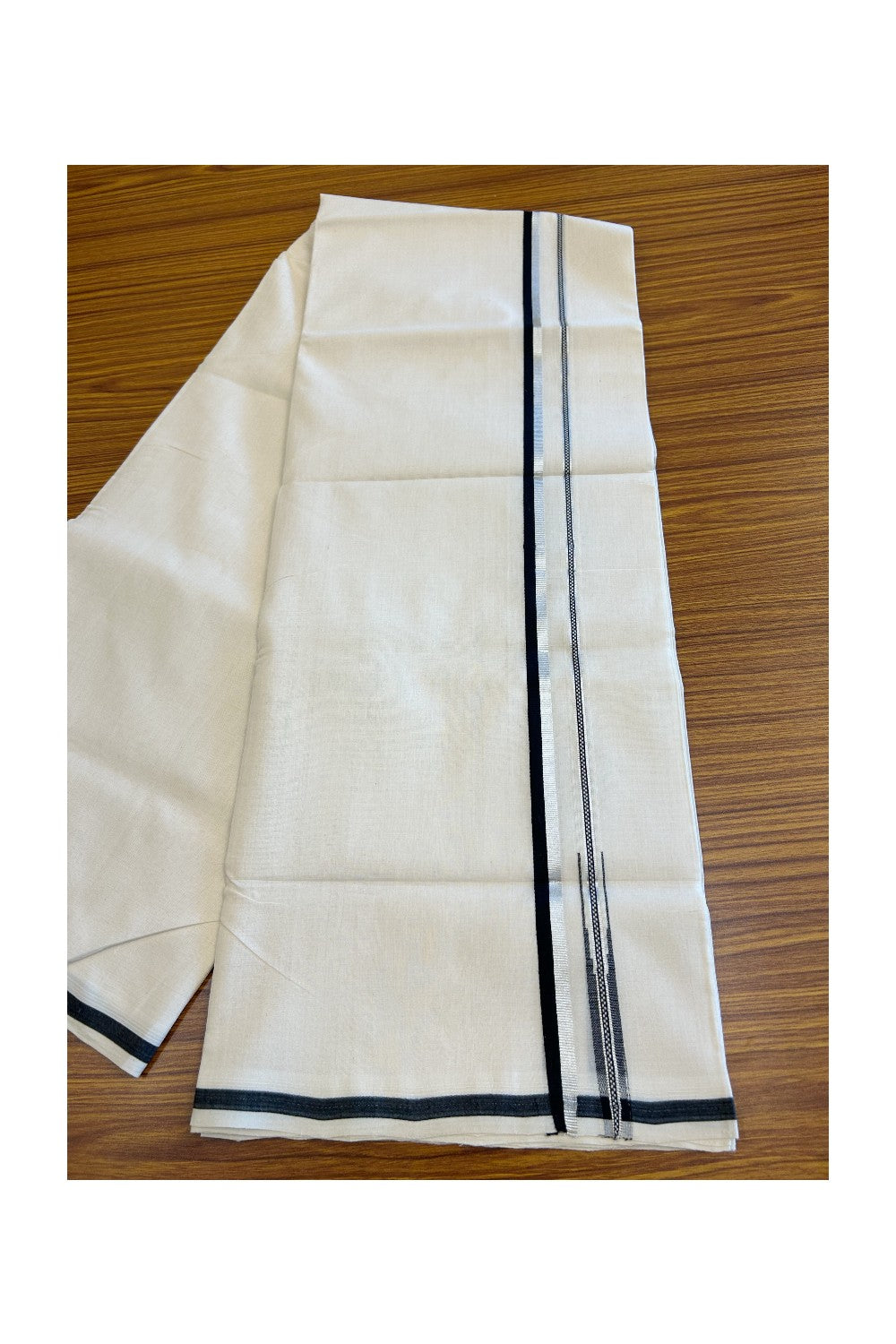 15% Discount!!! KaithariKada HANDLOOM UNAKKUPAAV Balaramapuram - 100% PURE Cotton off white Double Mundu/Dhoti - 0.5 inch Silver kasavu & Black puliyilakkara chutty - 5KK5020RAM