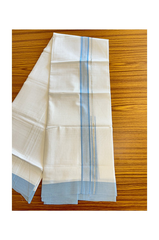 Kaitharikada  Balaramapuram 100% Pure Cotton PURE WHITE Double Mundu/Dothi - 80x92 - 1.5 Inch Sky Blue & Silver striped Chutty kara - 5KK5022VAN