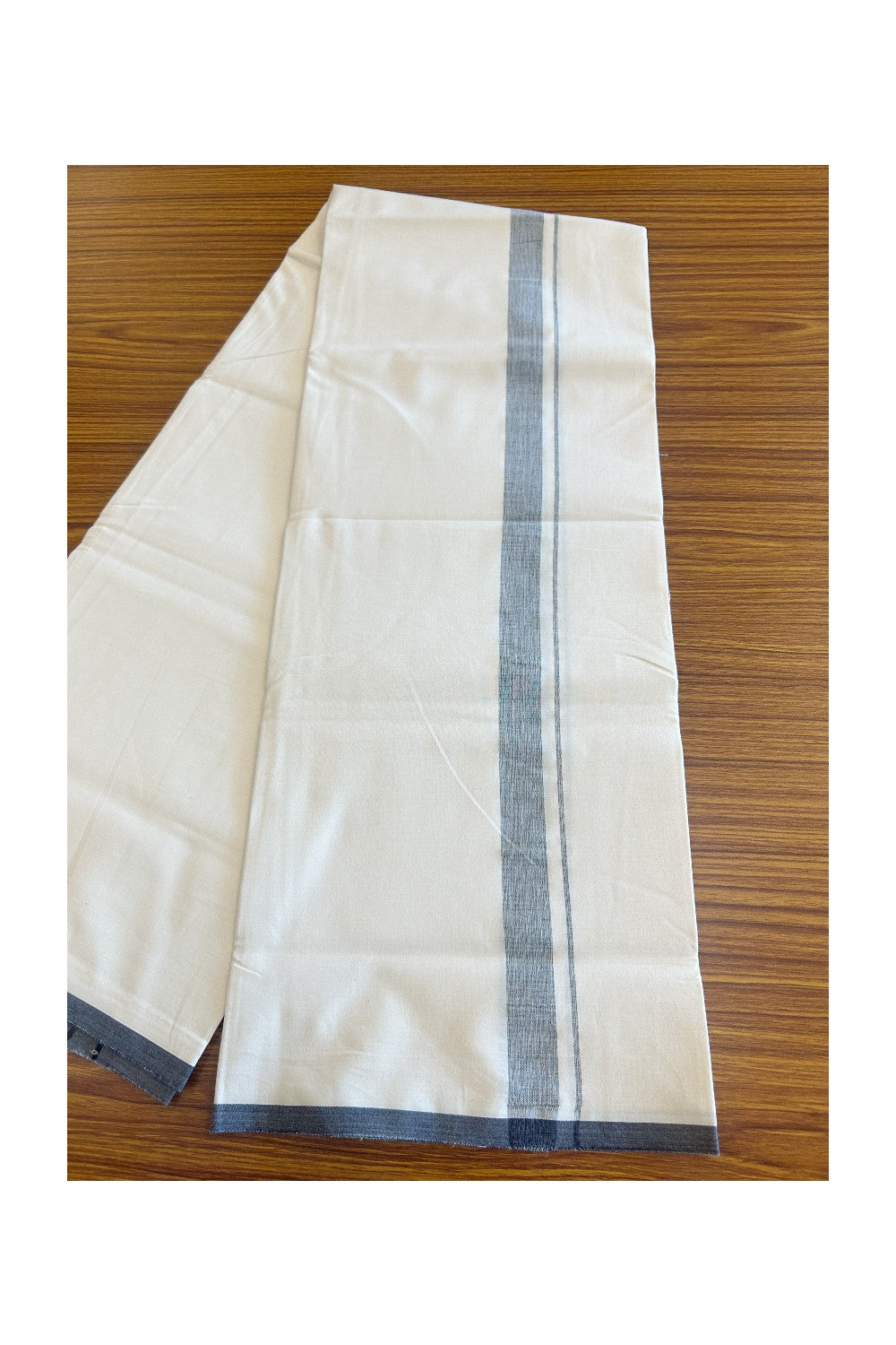 20% DISCOUNT ! KaithariKada Balaramapuram 100% COTTON SINGLE OFF WHITE - (Unbleached) Mundu/Dhoti-Twisted 100s Thread- 1.5 inch Black shaded Kara (2 metre / 4 muzham)- 5KK5023ASH