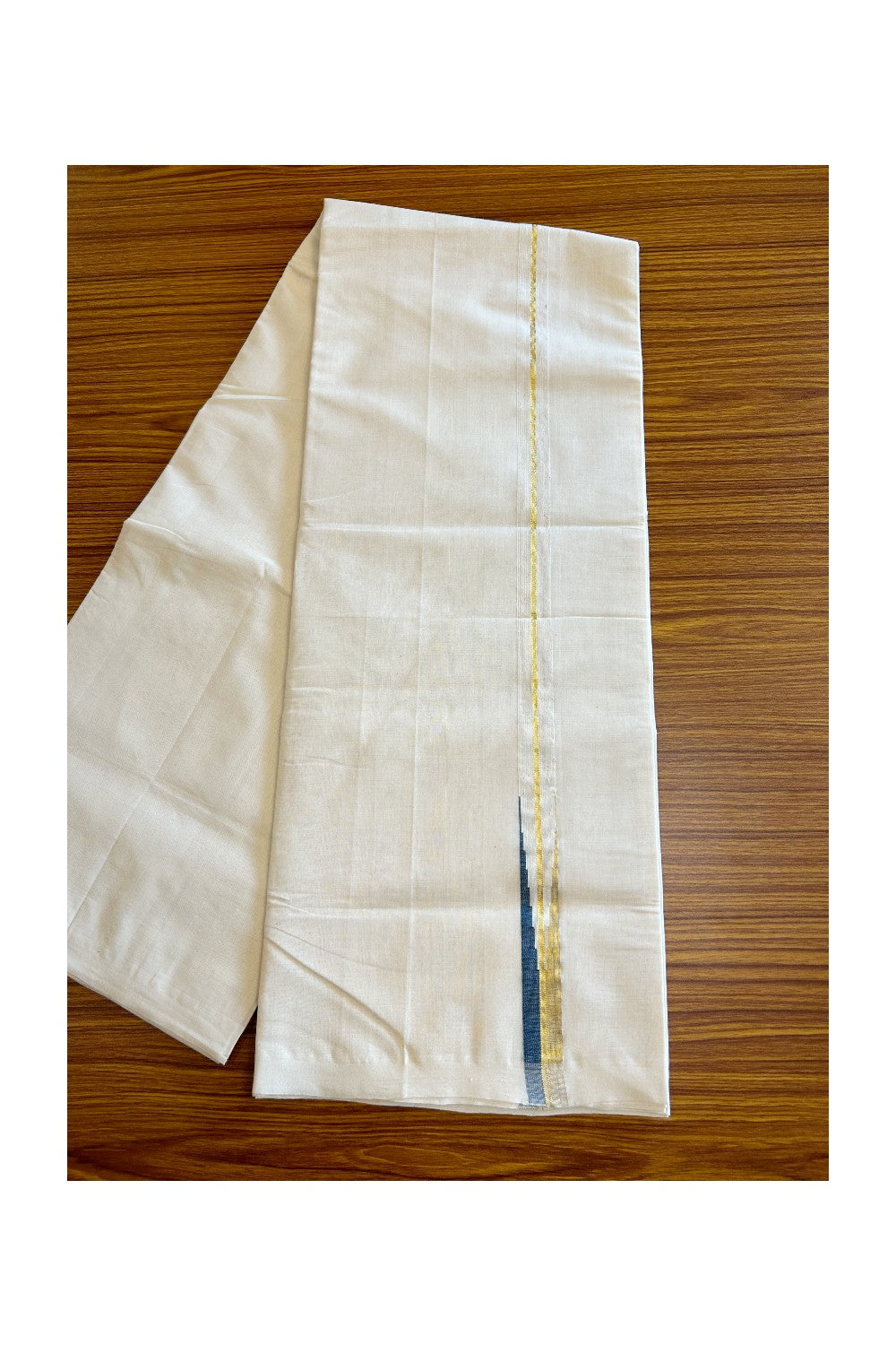 15% DISCOUNT!! KaithariKada HANDLOOM Millpaav Balaramapuram - 100% PURE Cotton OFF White Double - (Unbleached) Mundu/Dothi - 1 inch puliyilakkara Kasavu & Peacock Blue chutty- 5KK5029RAM