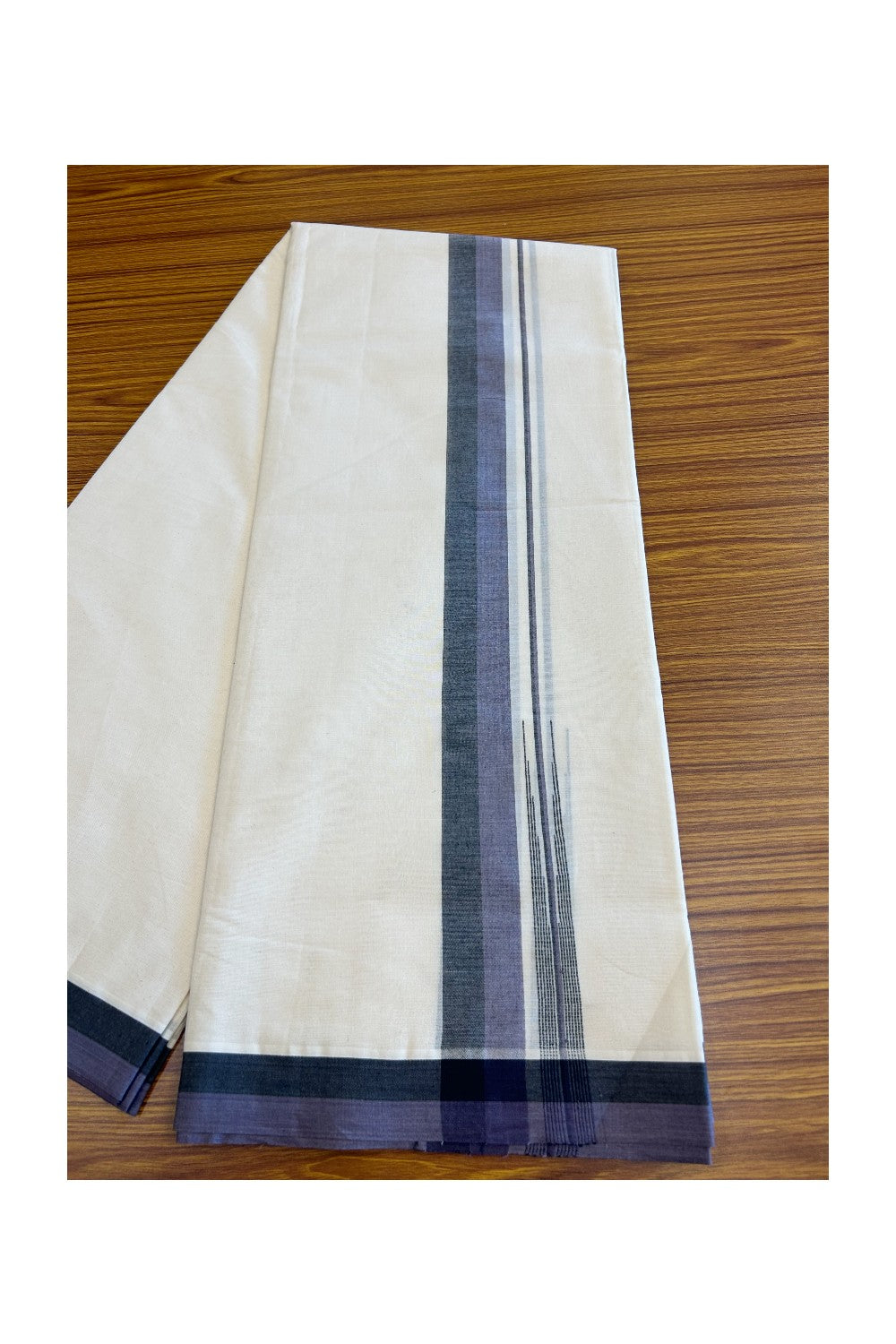 5% Discount!!! KaithariKada Balaramapuram  Double Off white - (Unbleached) Mundu/Dhoti - 80X90 - 1.75 inch Black & Purple shaded puliyilakkara striped chutty - 5KK5037KAI