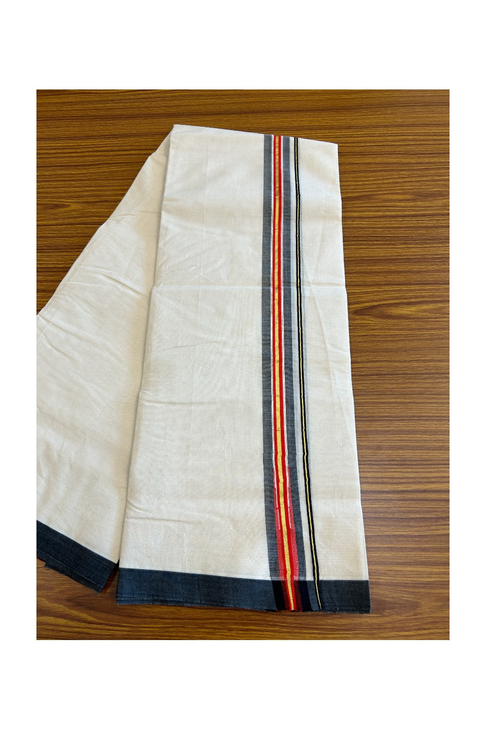 18% DISCOUNT!! Kaitharikada Balaramapuram 100% Cotton off WHITE Double - (Unbleached) Mundu/Dothi-100x100 Puliyilakkara Chutty Kasavu Black & Deep RED Kara - 5KK5039ASH