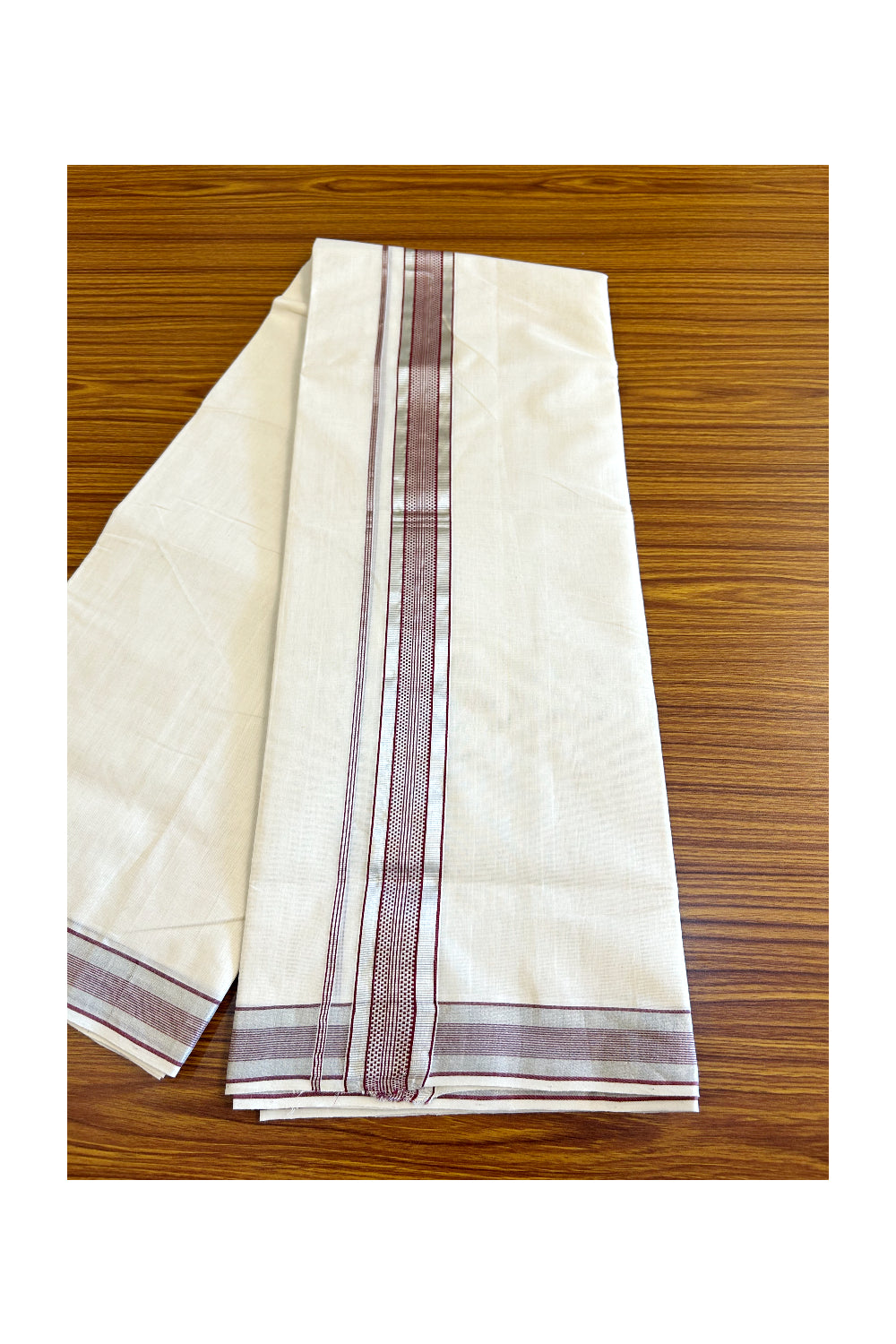 21% DISCOUNT!! KaithariKada HANDLOOM Millpaav Balaramapuram - 100% PURE Cotton OFF White Double Mundu/Dothi - 2.5 inch MAROON & Silver stripes kara - 5KK503RAM