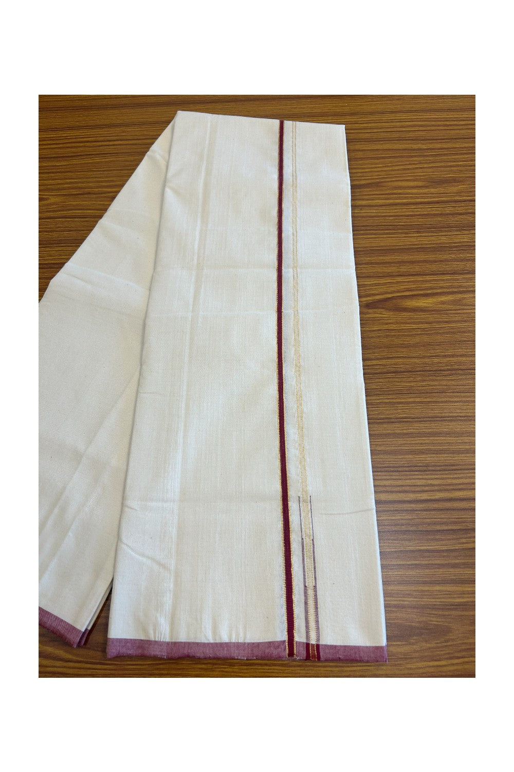 SIGNATURE KAITHARIKADA EXCLUSIVE SINGLE DHOTI - 100% Cotton Balaramapuram HANDLOOM Single Mundu/Dhoti - Off White - (Unbleached) 1 cm Maroon & KASAVU Chutty Kara- 5KK5040KAI