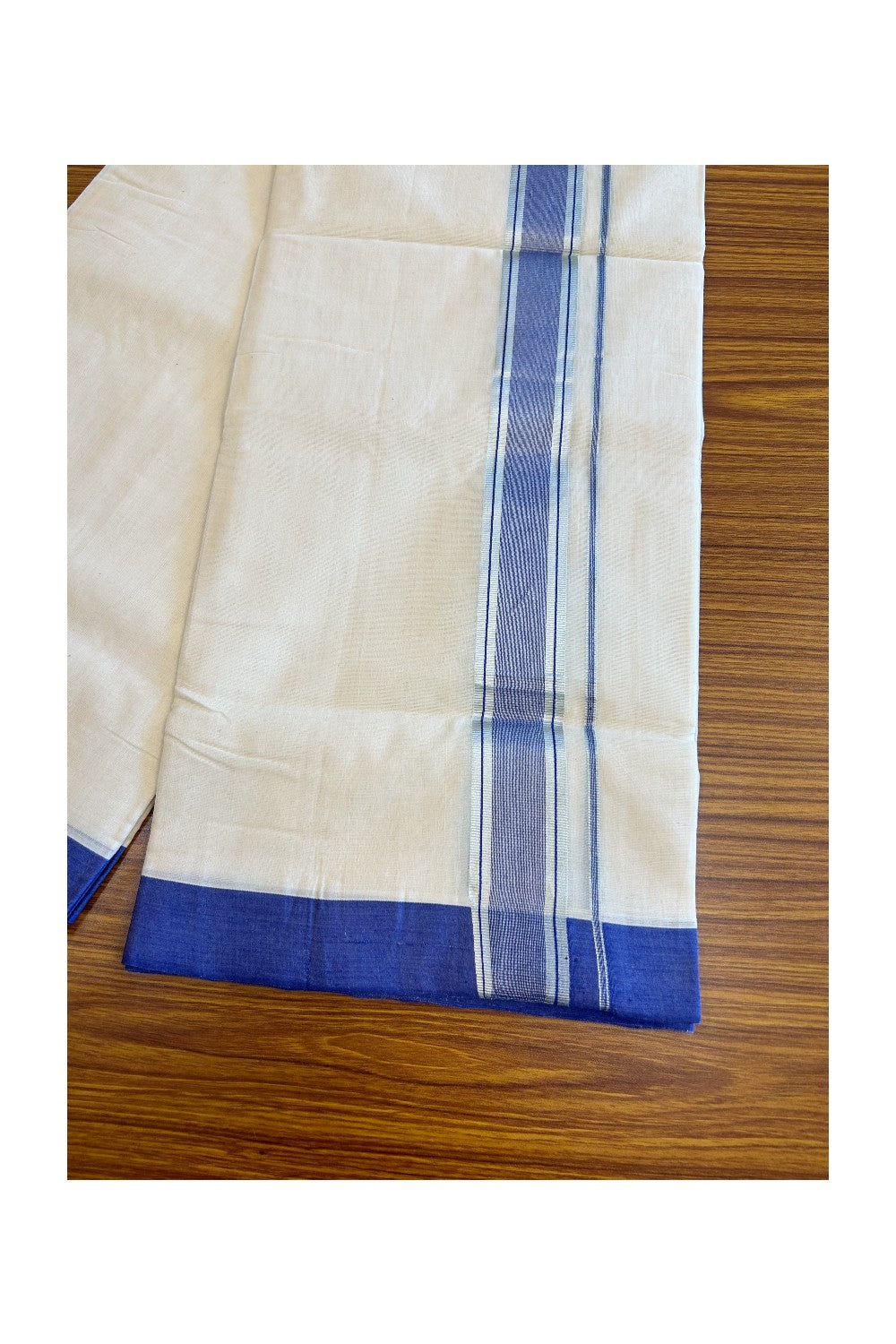 21% Discount KaithariKada HANDLOOM UNAKKUPAAV Balaramapuram - 100% PURE Cotton Double Mundu/Dhoti -  2.25inch NavyBlue + Violet & Silver Kasavu-118